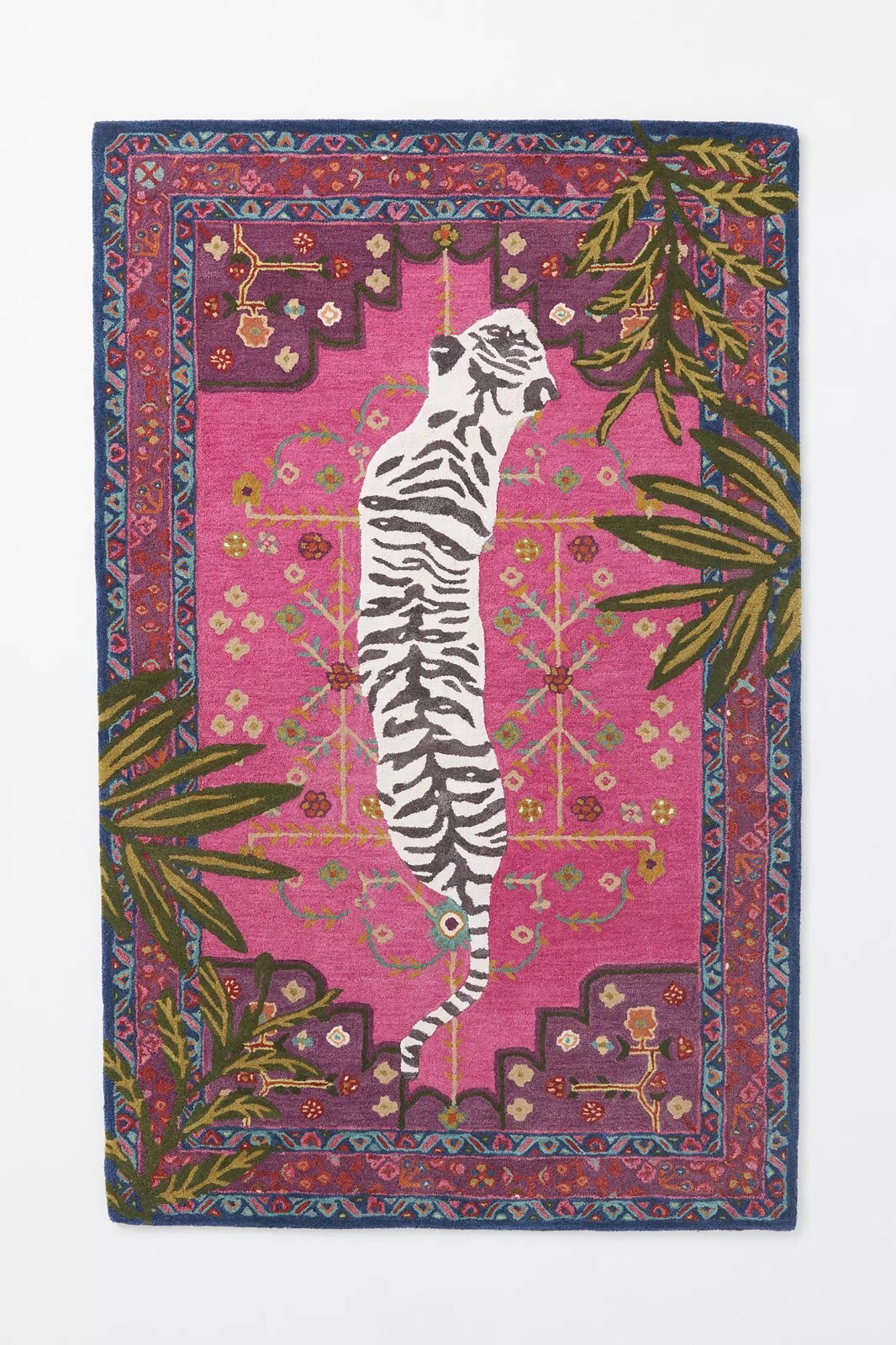 Exotic Bengal Tiger Hand-Tufted Rug Wool Viscose Floral Jungle Decor Luxurious