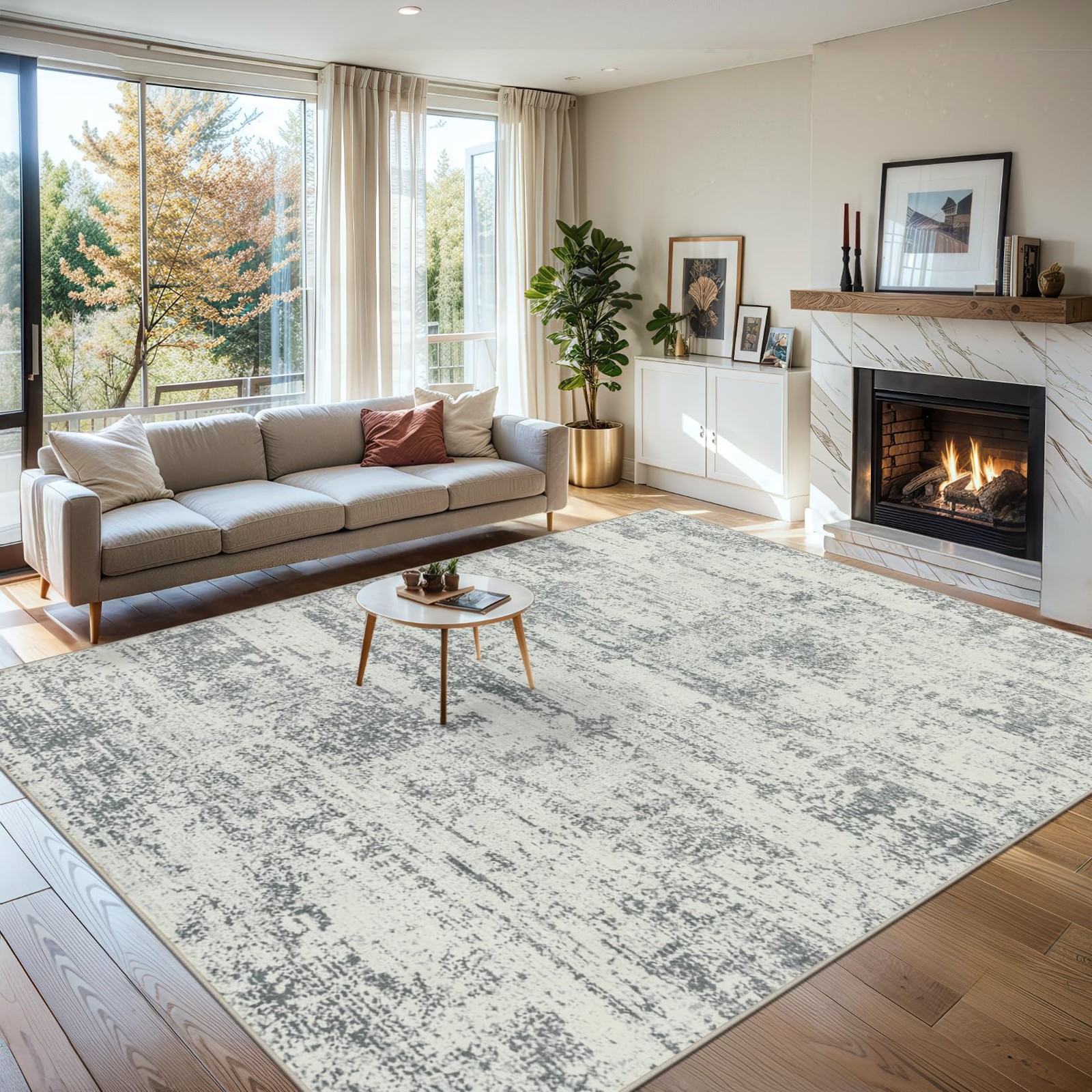 8X10 Area Rugs for Living Room – Washable Rug Modern Abstract Soft Large Neutral