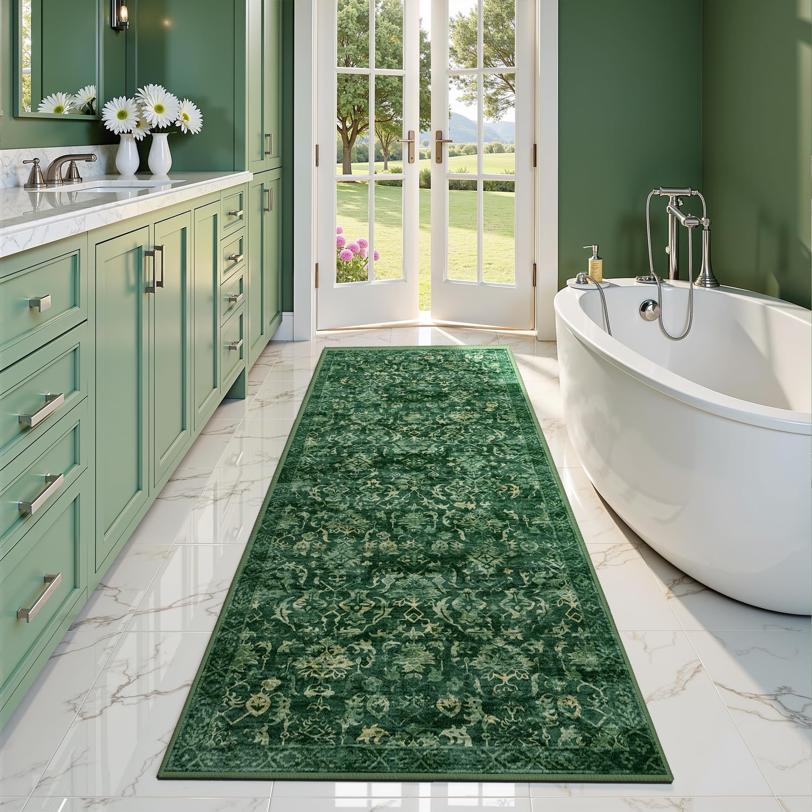 Dark Green 2×6 Runner Rug for Hallways Bed Side Kitchen, Boho Washable Distre…