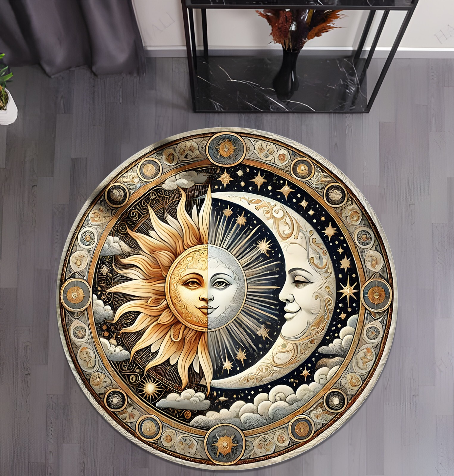 Sun and Moon Round Rug, Celestial Rug, Round Rug, Mystical Rug, Sun and Moon Rug