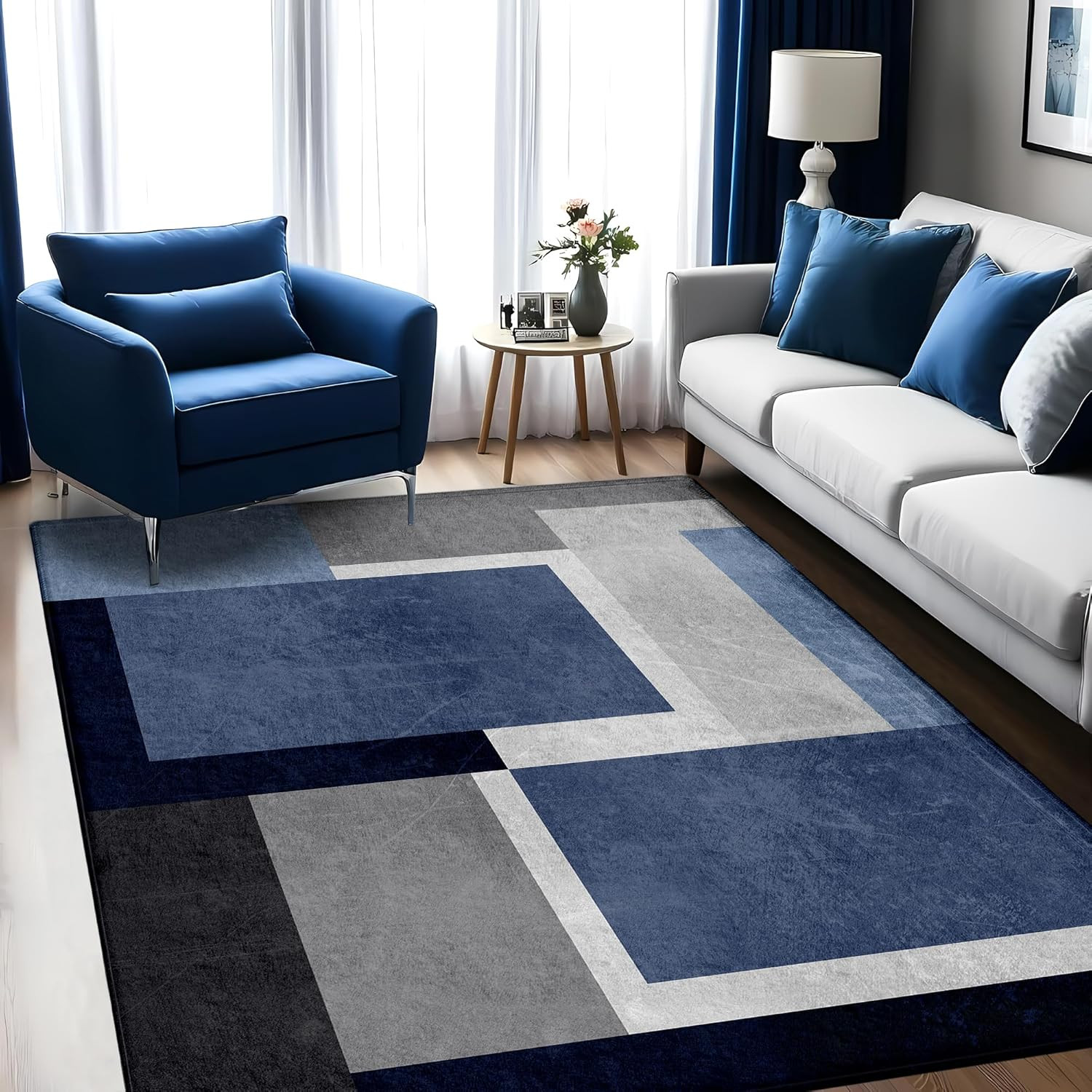 Washable Low-Profile Geometric Area Rug, 0.2 Inch Thin Abstract Rug Design for L