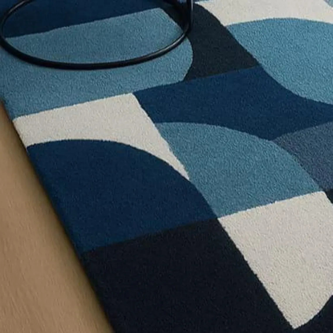 Hand-Tufted Wool Rug | Modern Geometric Design, Blue Tones Area Rug Handmade Rug
