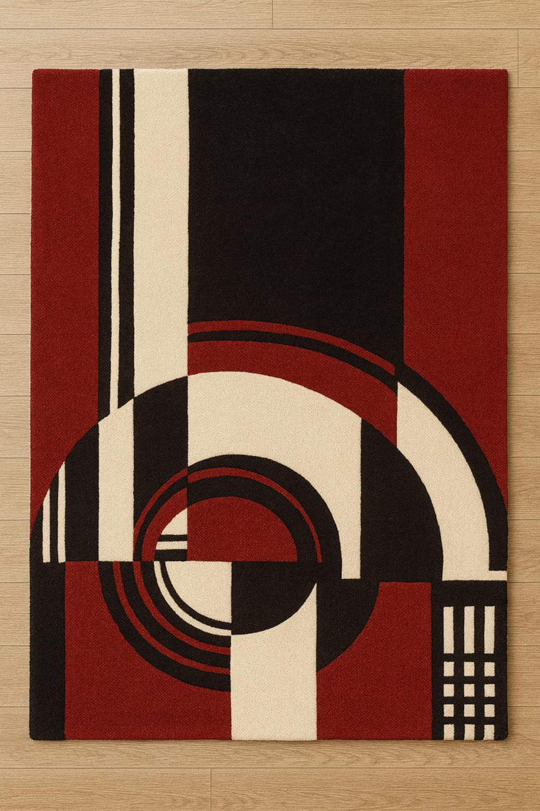 Modern Geometric Hand-Tufted Rug Red, Black & Cream Art Deco Style Premium Wool