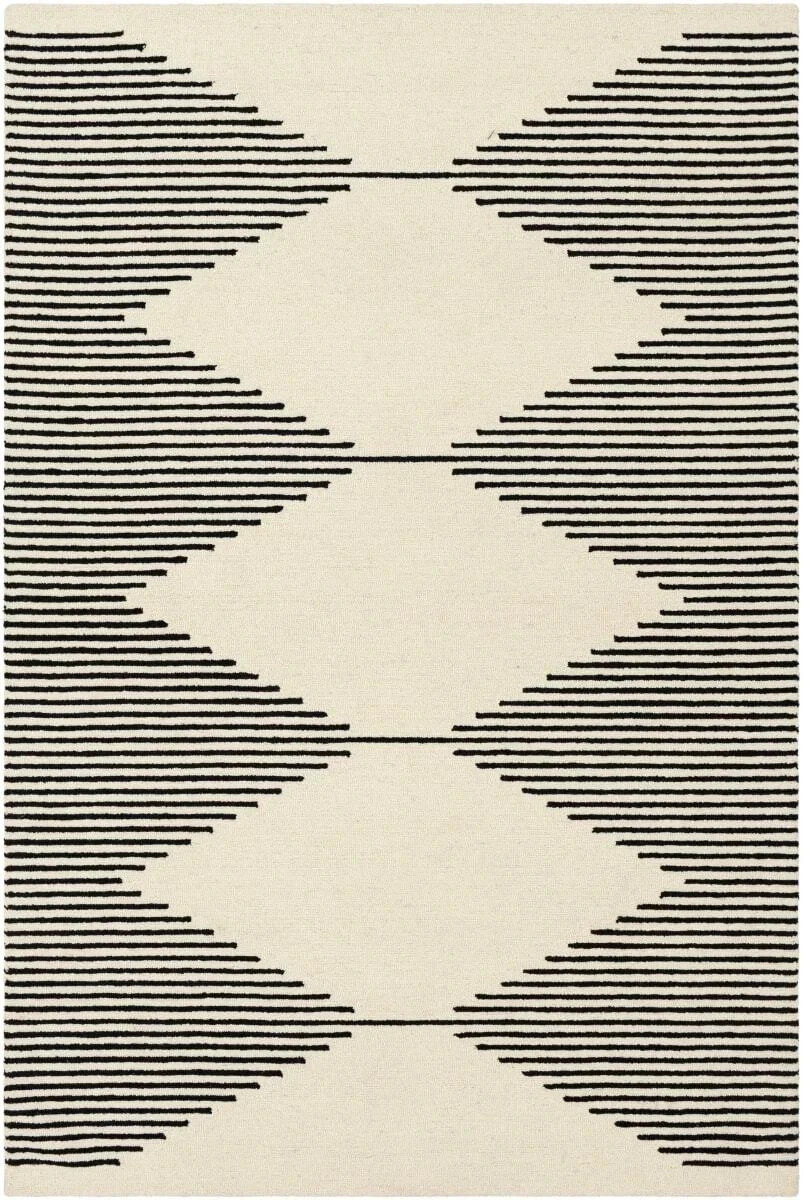 Ivory Black Hand Tufted Area Rug 8×10 Modern Geometric Striped Diamond Soft
