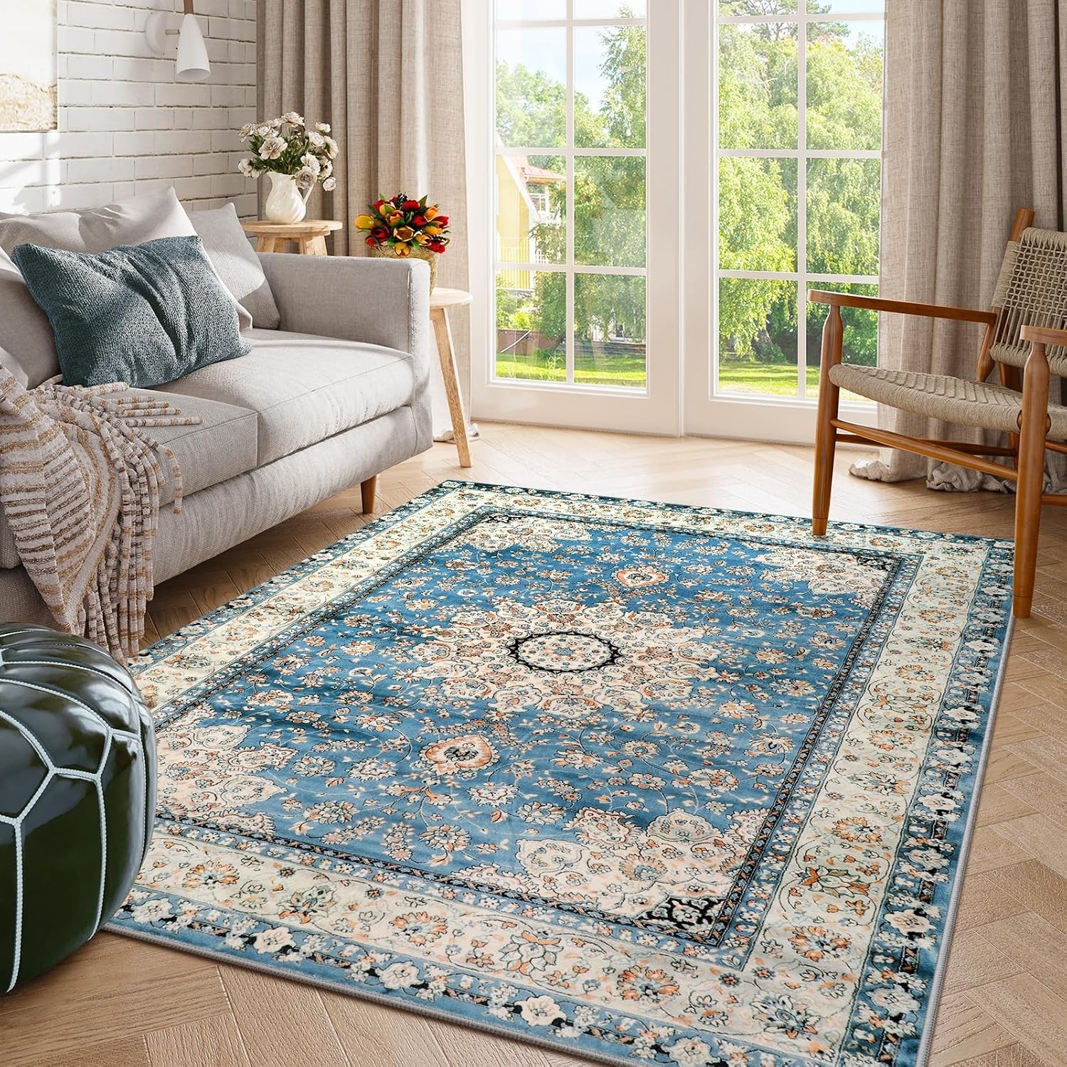 Oriental Floral Medallion 5×7 Large Blue Distressed Area Rug Blue Floral Rug