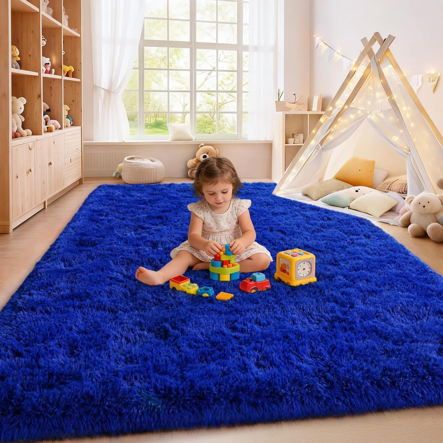 Extra Large 10×14 Ft Blue Fluffy Shag Rug for Living Room & Bedroom Decor
