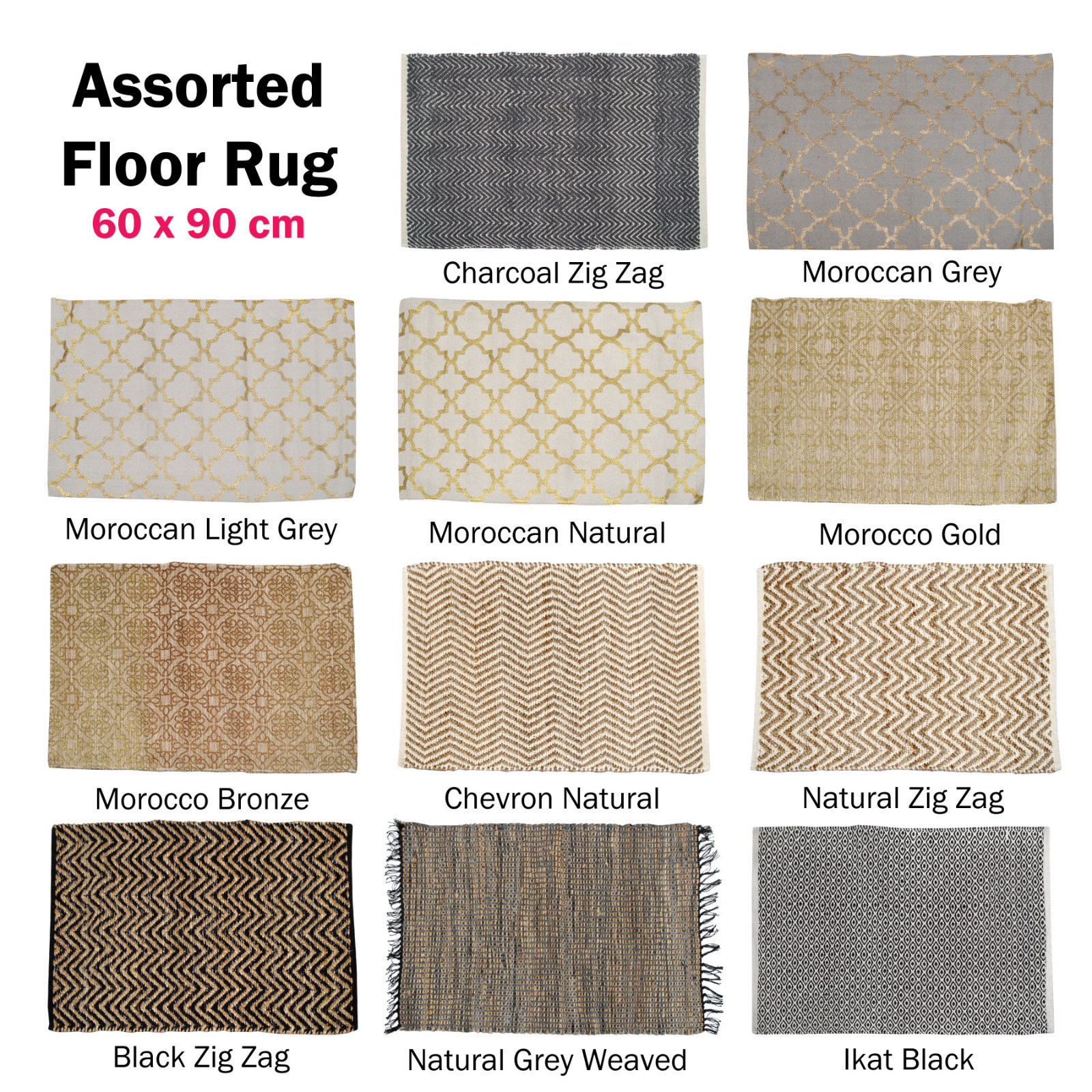 100% Cotton / Jute Assorted Floor Rug Mat 60 x 90 cm