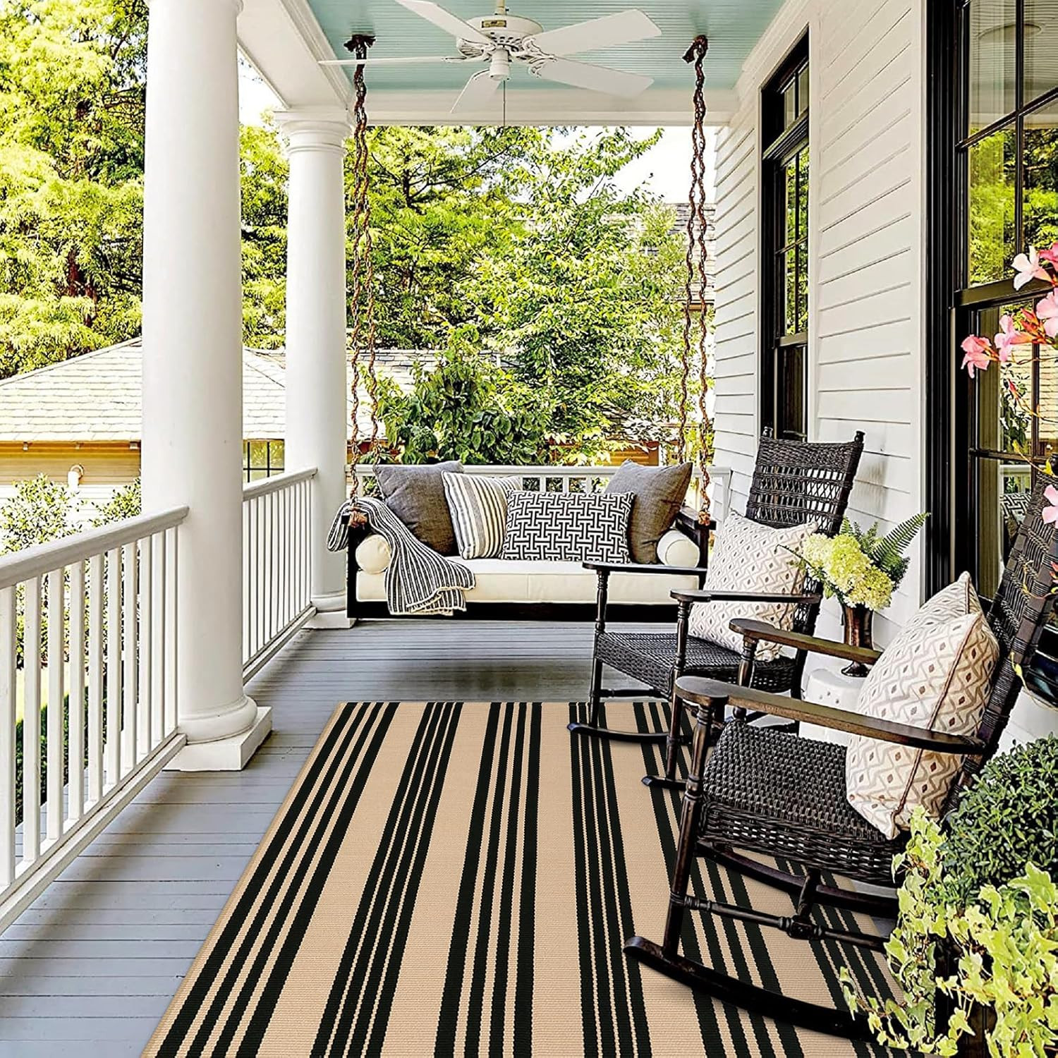 Reversible Washable 4’X6′ Black & Khaki Striped Indoor Outdoor Rug