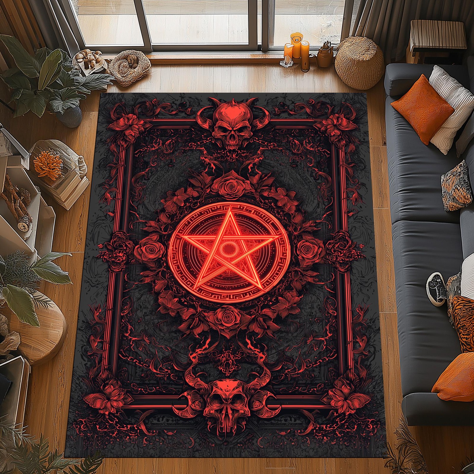 Gothic Pentagram Rug Red Rose Skull Occult Altar Decor Carpet