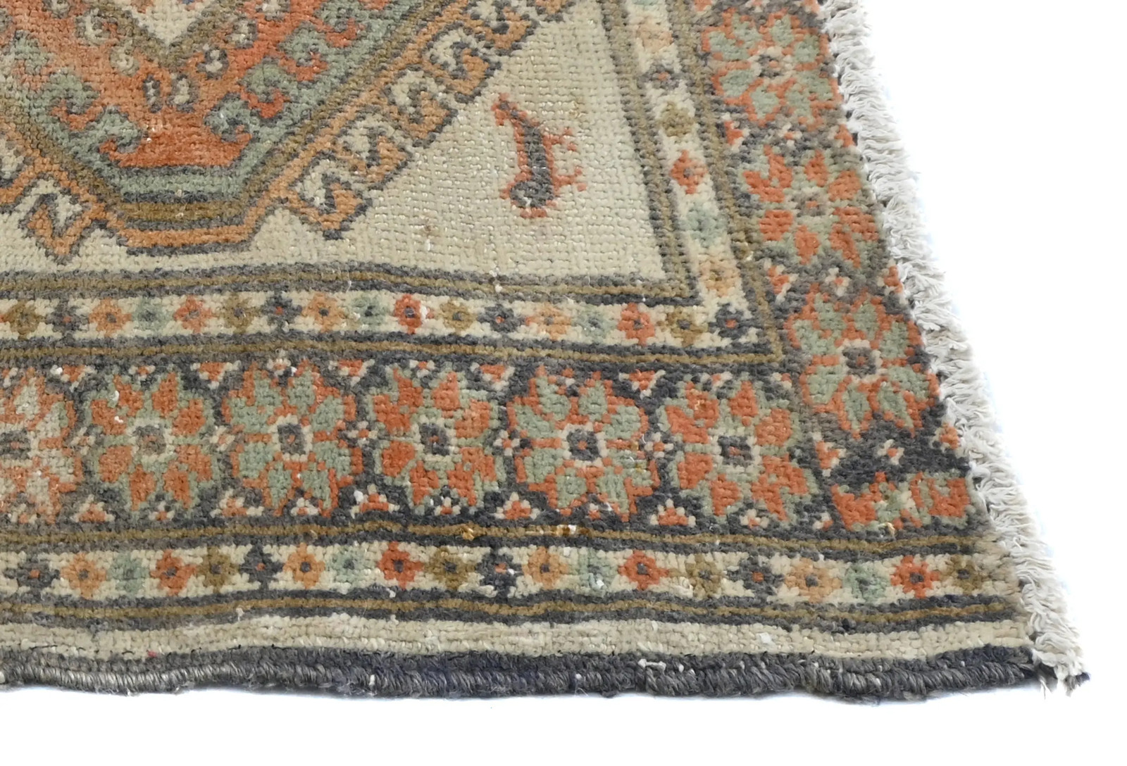 Square Semi-Antique Oriental Rug Muted Cream Floral Distressed Carpet 2X2 ft