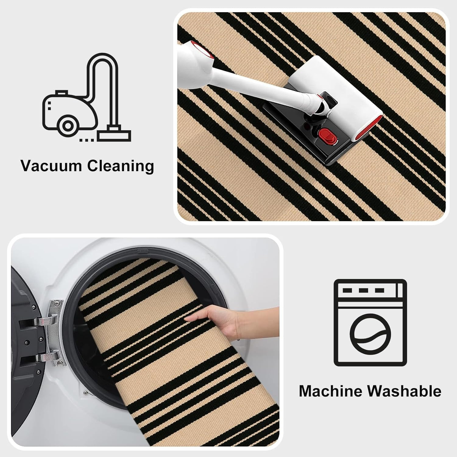 Reversible Washable 4’X6′ Black & Khaki Striped Indoor Outdoor Rug