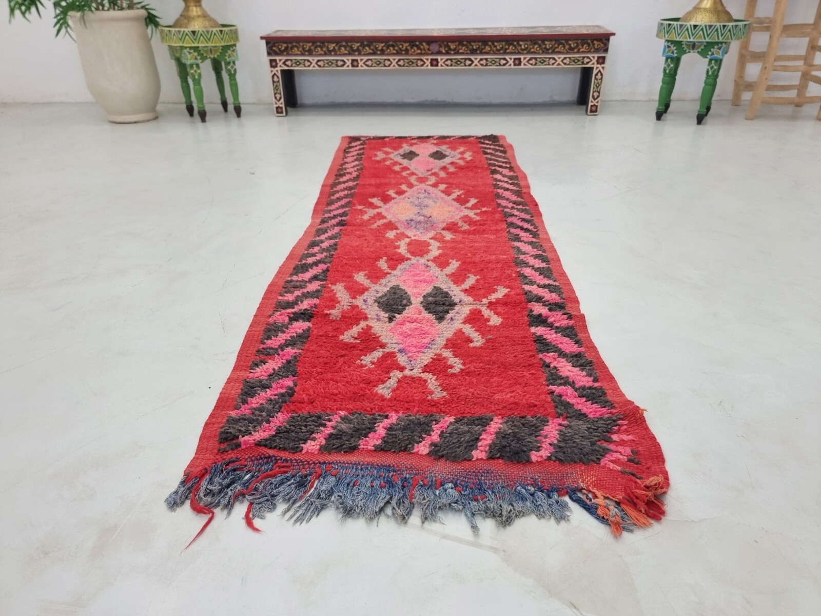 Moroccan Handmade Vintage Runner 2’5×7’1 Berber Geometric Red & Black Cotton Rug