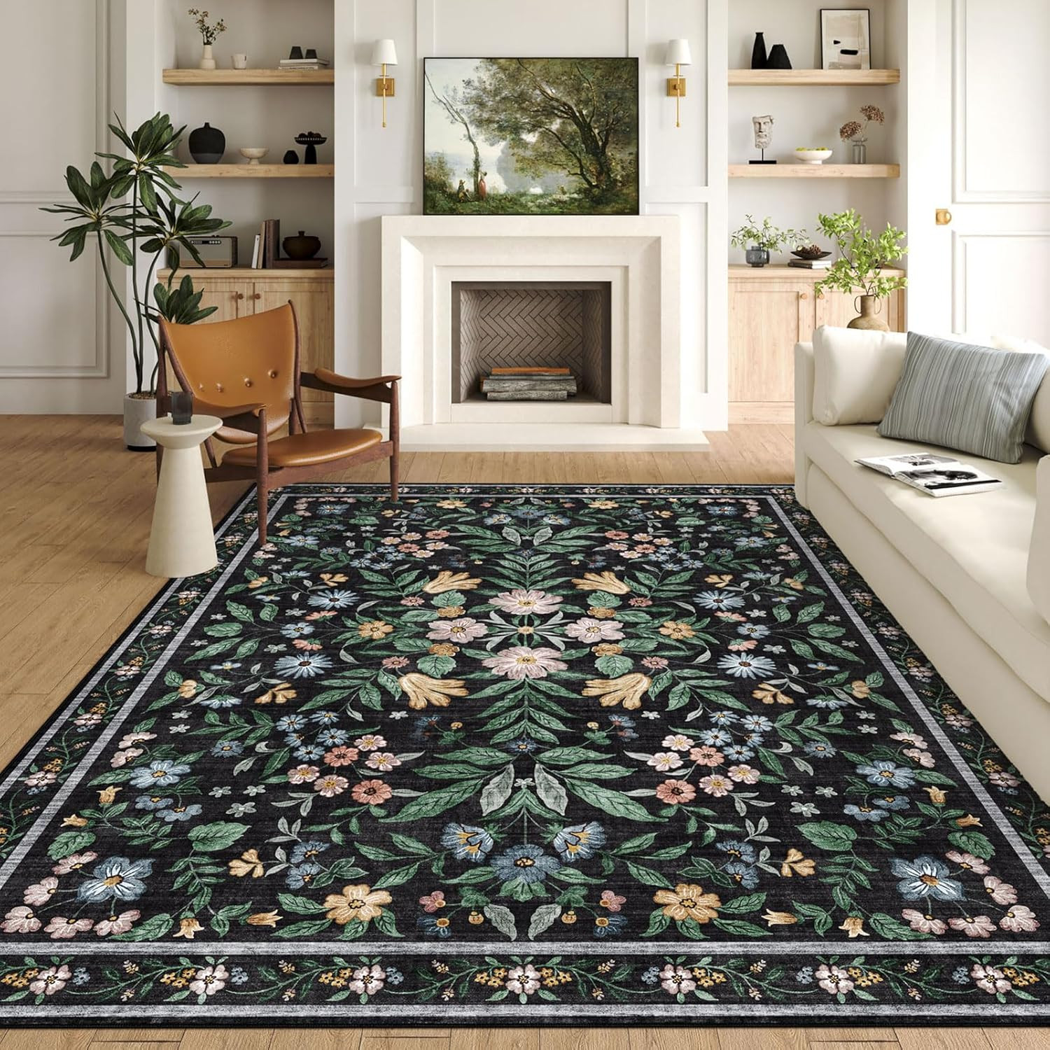 Washable Area Rug 8X10 – Large Charcoal Black Boho Rugs for Living Room Soft Vin