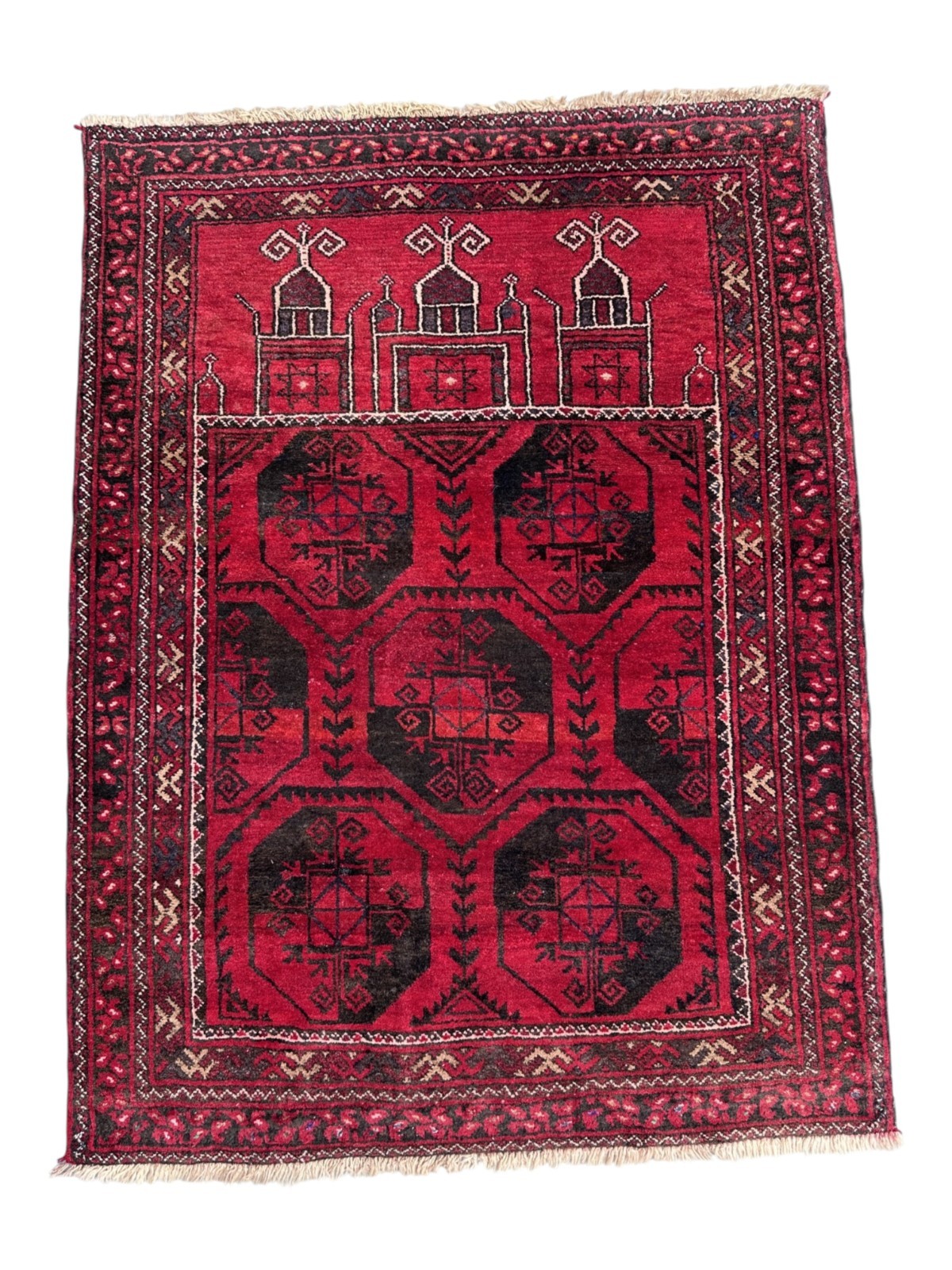 Kizil Ayak Ersari Turkmen Prayer Rug Hand Knotted Wool Vintage Red 3×4 Carpet