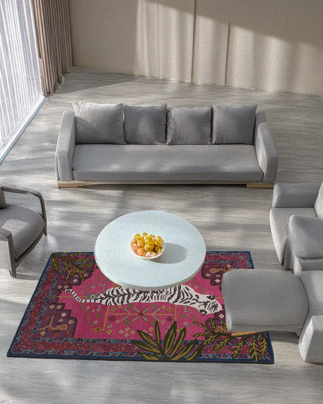 Hand-Tufted Rug with White Bengal Tiger Motif and Vibrant Botanical Oriental