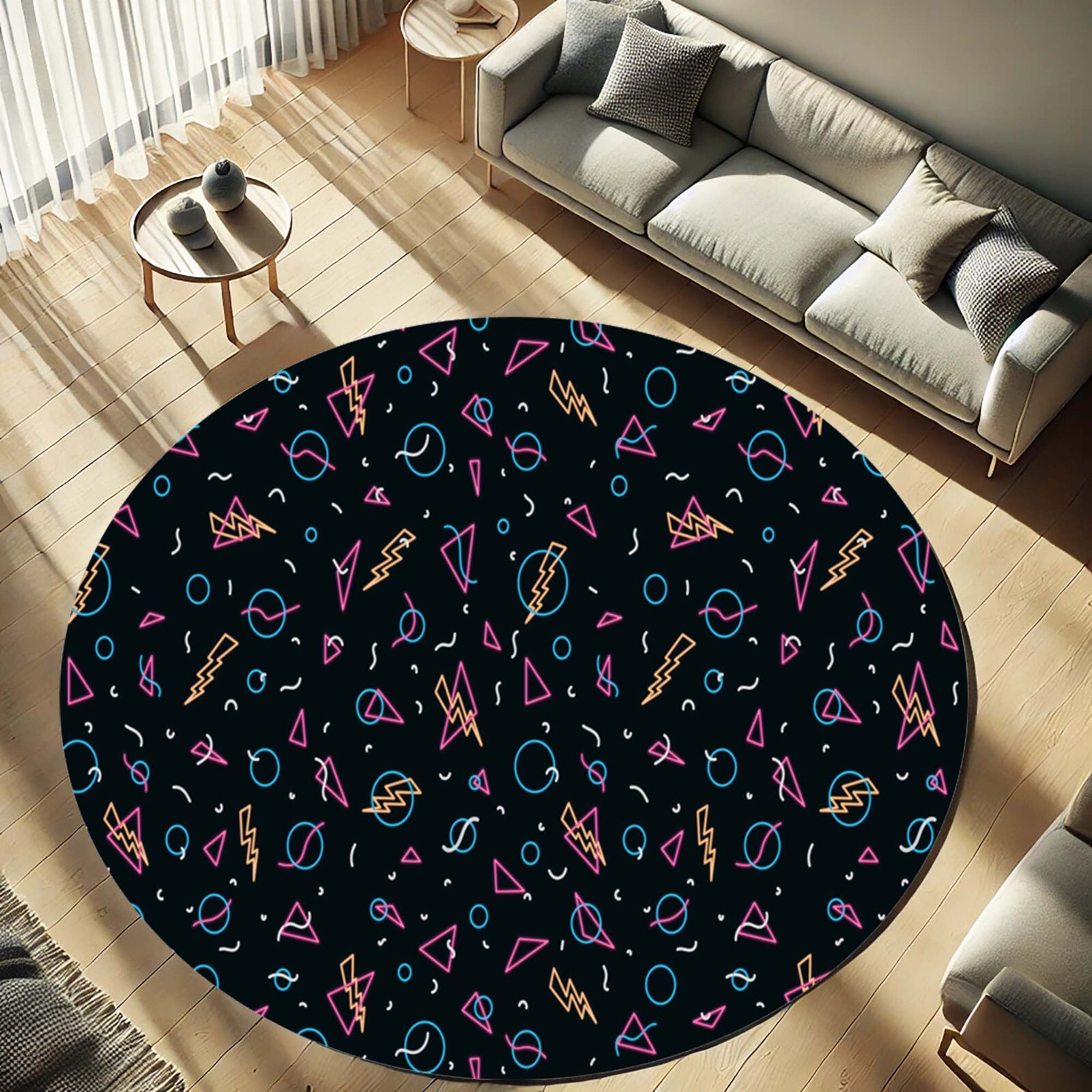 Retro Rug, Neon Area Rug, 80s Style Carpet, Geometric Pattern, Round Floor Mat,