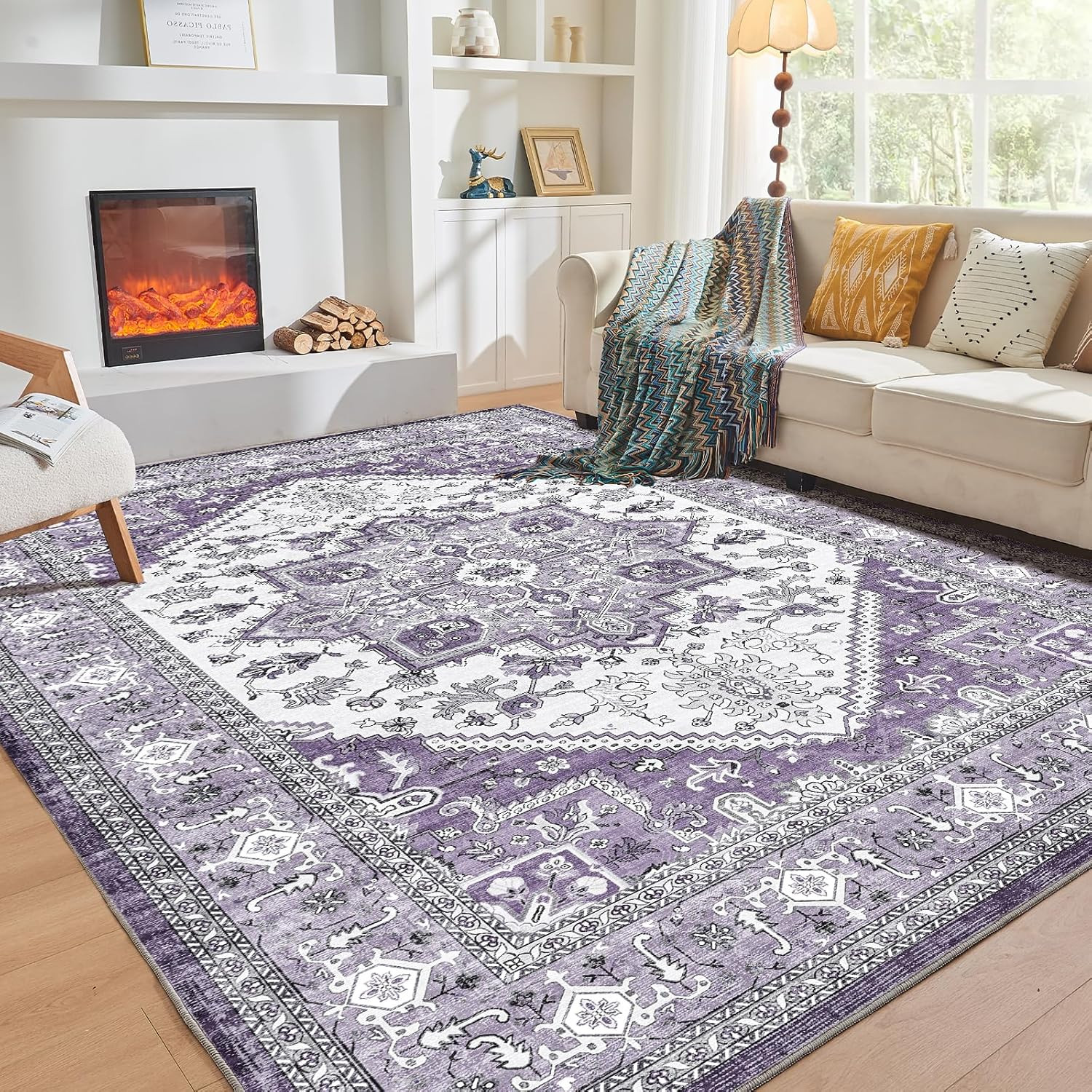 Plush 8X10 Purple Area Rug, Washable Non-Slip Faux Cashmere Carpet