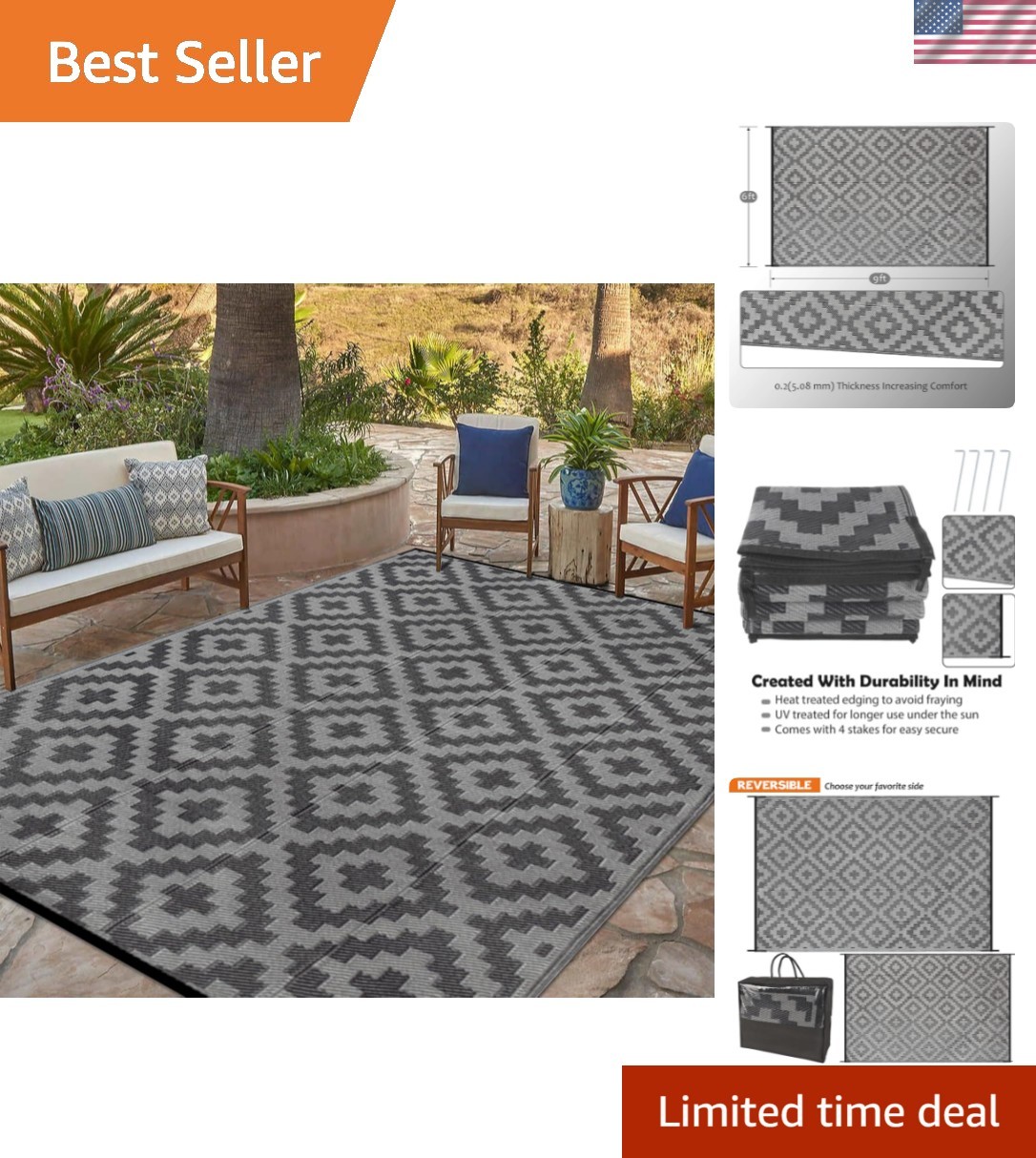 Stylish 6×9 ft Black Grey Outdoor Mat: Waterproof & Reversible for Versatile Use