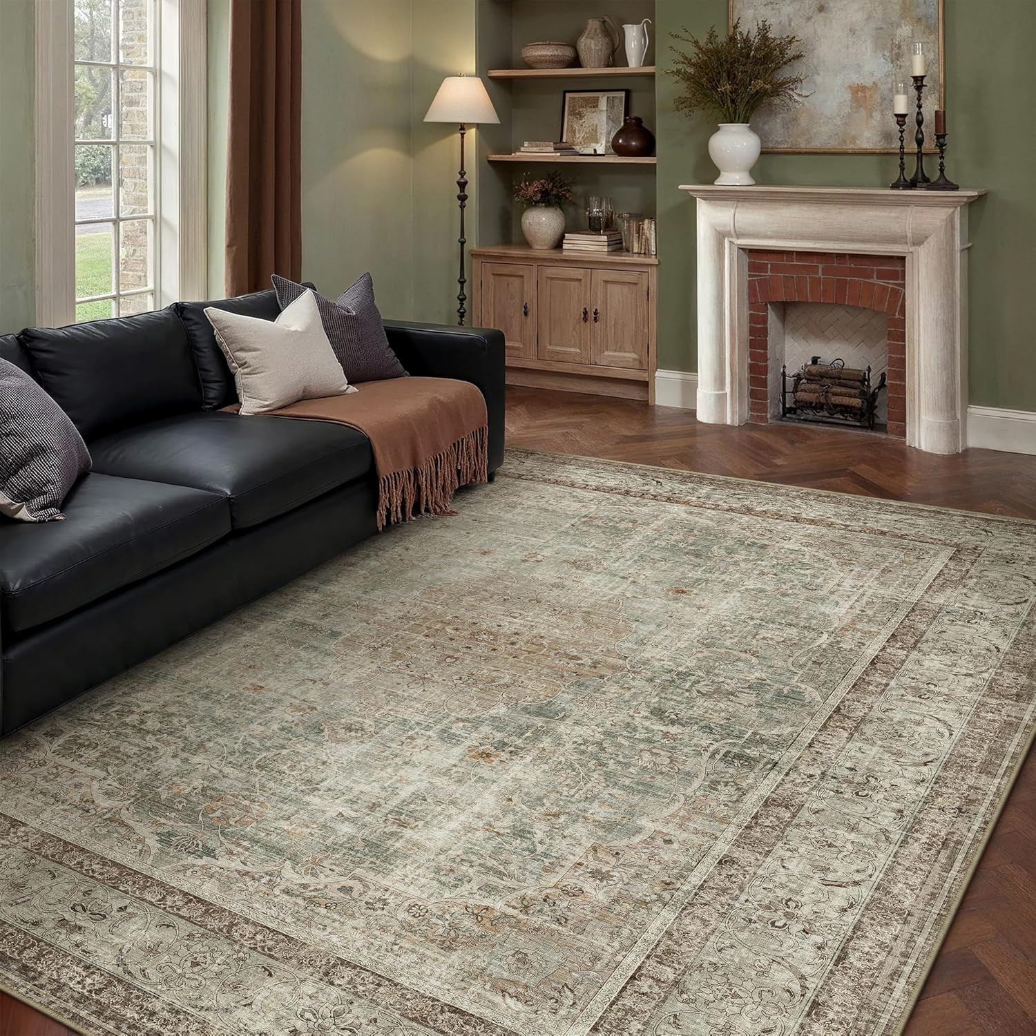 Sage Area Rug 6X9 for Living Room Washable Vintage Carpet Low Pile Non Slip Dist