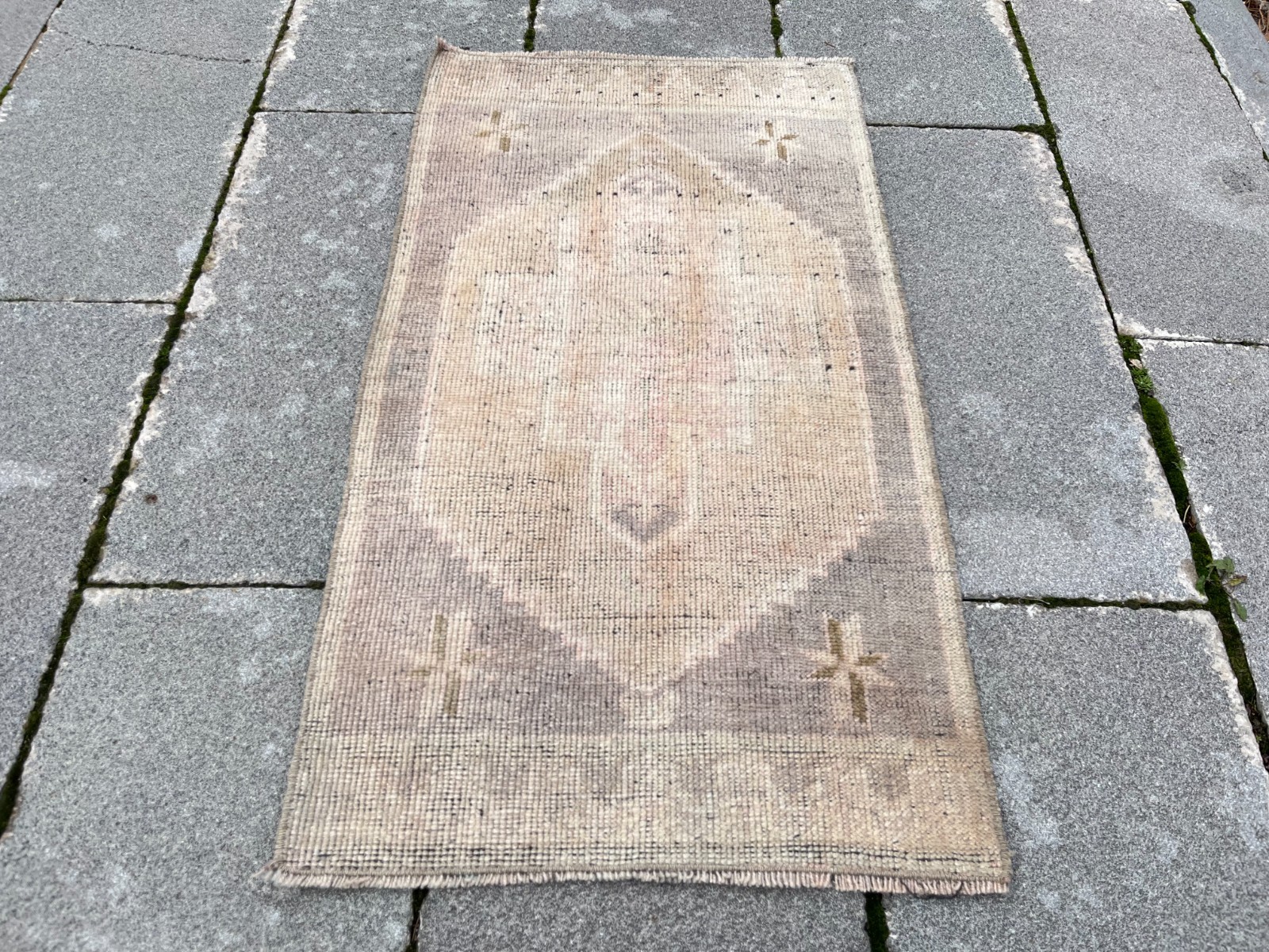 Antique Anatolian Rug 1.6×3 Small Boho Entryway Accent Neutral Wool