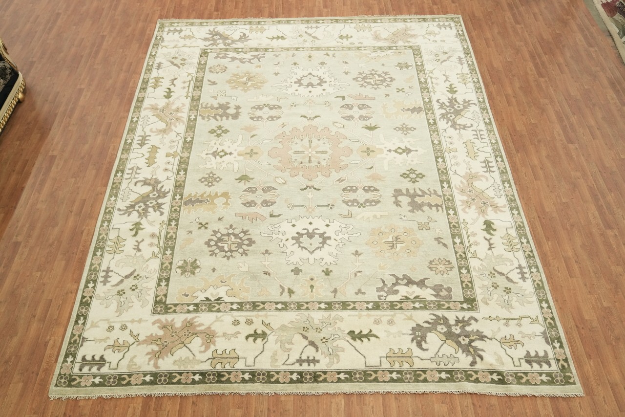 Beige and Olive Oushak 12×15 Floral Patterned Wool Rug in Sage Green & Ivory