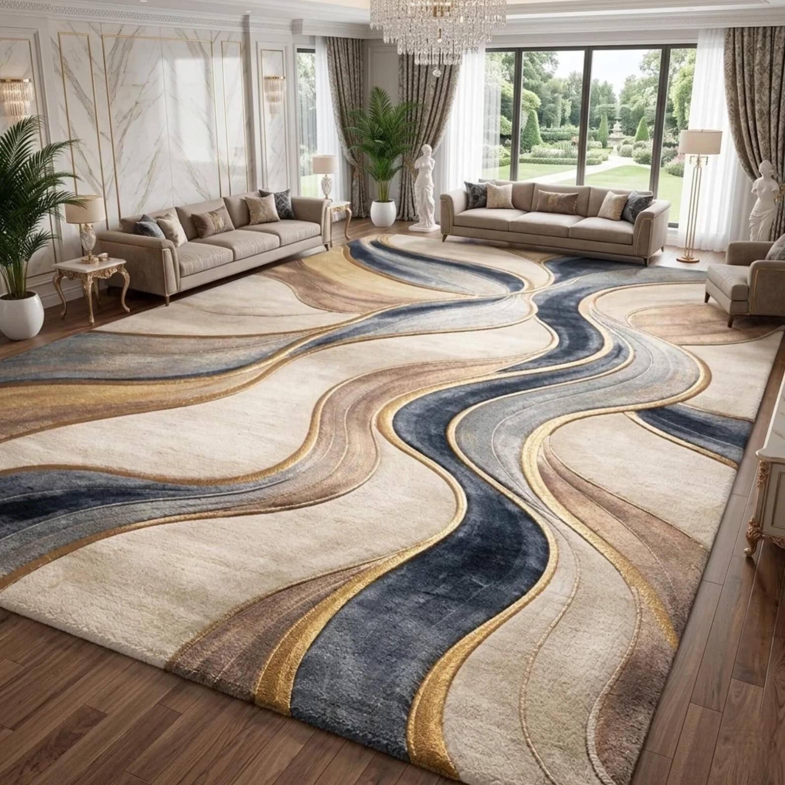 Hand Tufted Abstract Modern Wave Pattern Rug, Neutral Beige Blue Gold Area Rug