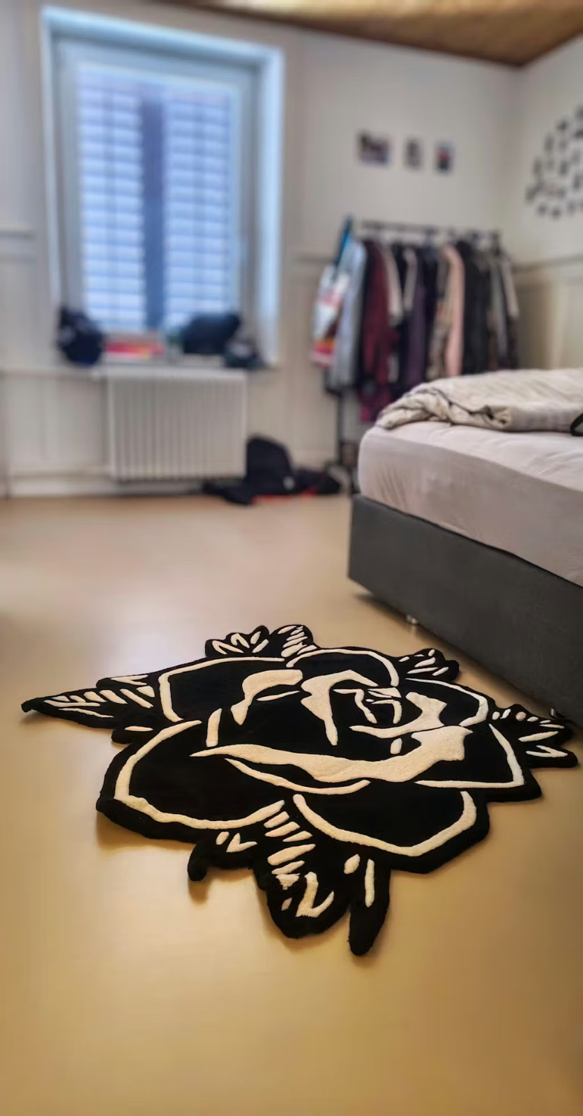 Blackwork Rose Tattoo Rug Gothic Floral Hand Tufted Wool Area Rug Decor
