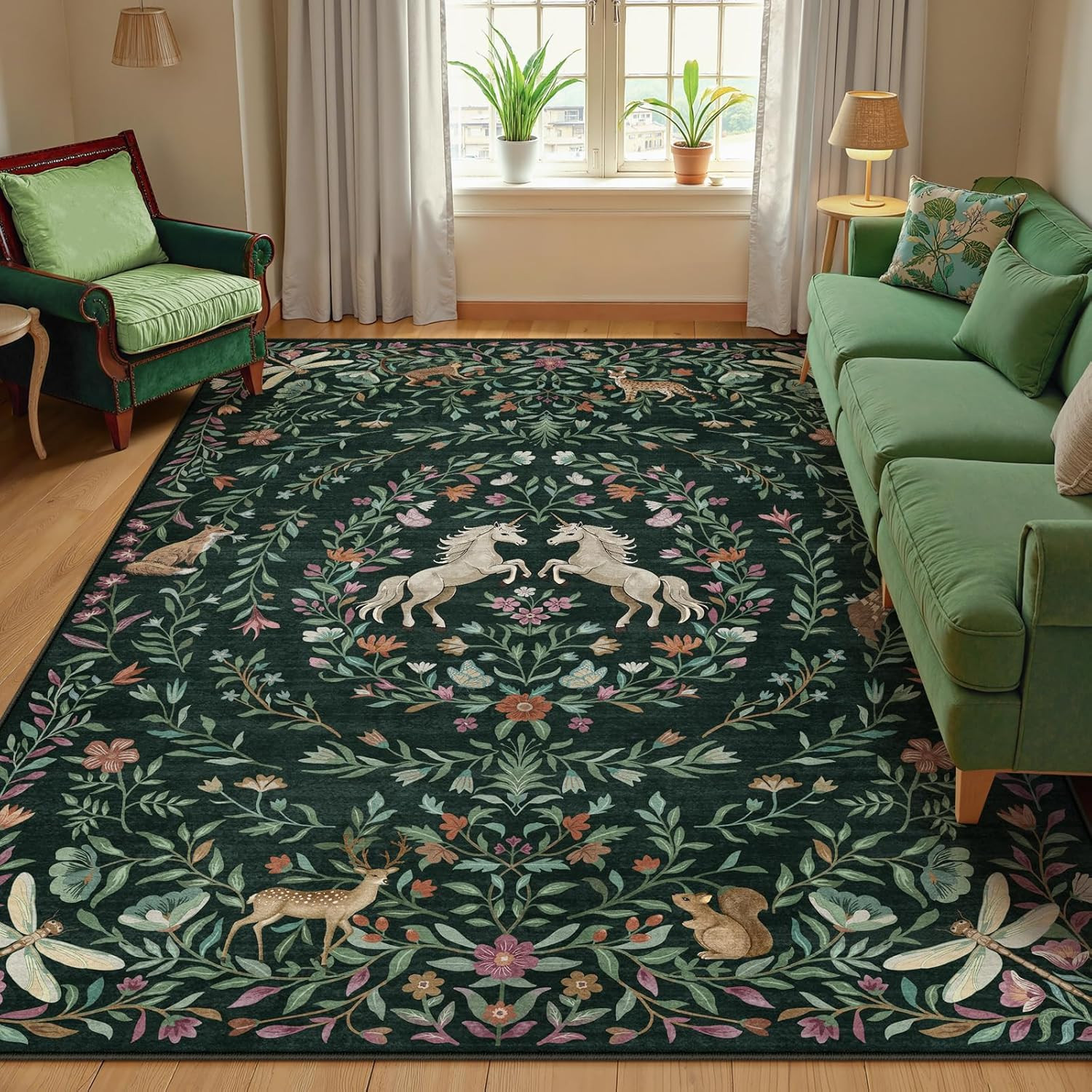 Unicorn Floral 8×10 Area Rug – Non-Slip Washable Vintage Farmhouse Design