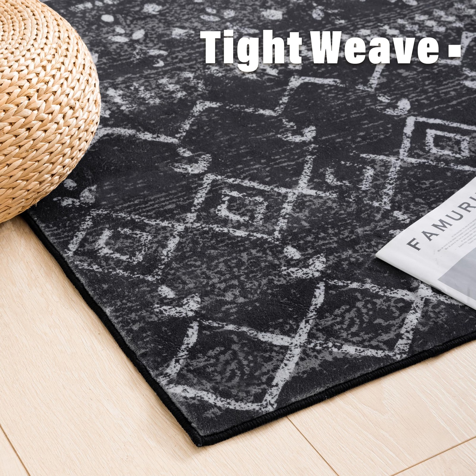 3×5 Area Rug – Black Boho Moroccan Geometric Carpet Washable Low Pile, Non Sl…