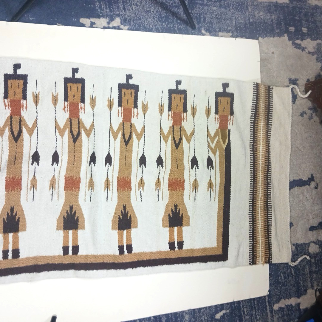 Imported Yei Wool Rug 5 figures Gold Brown White Cotton/Poly 60×27.5