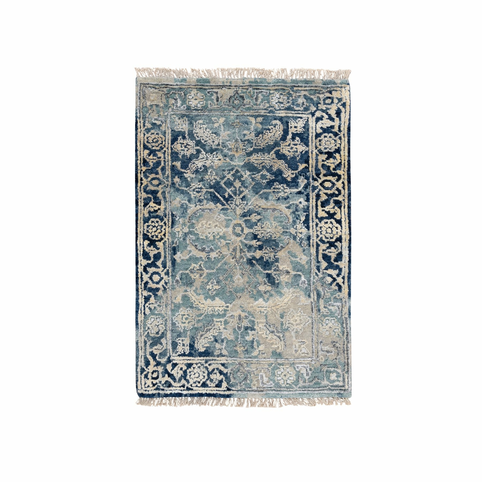 2’x3’1″ Blue Heris Erased Design Wool and Silk Hand Knotted Mat Rug R63888