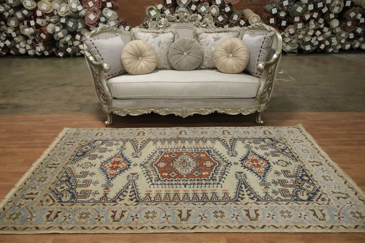 Geometric 5×6 Artisan Traditional Wool Area Rug in Green & Rust Tones