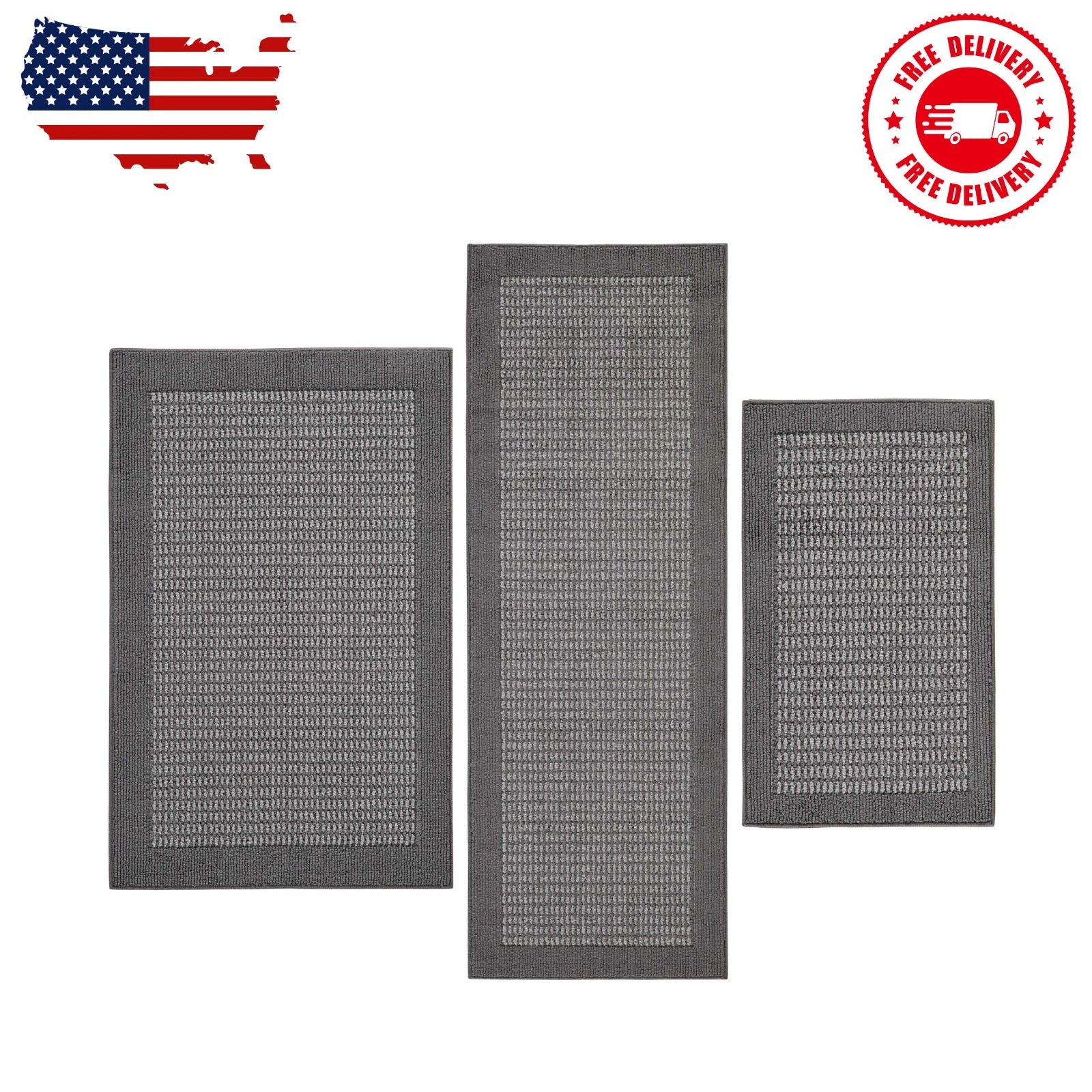Machine Washable Faux Sisal Gray Border Indoor Accent Rug Set, 3-Piece Set