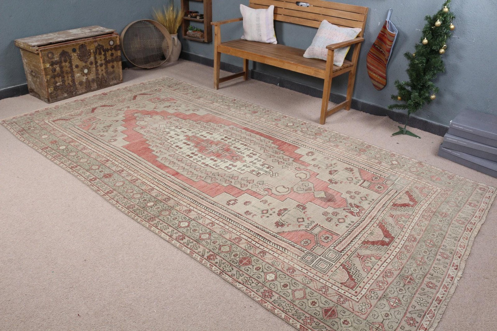 5,7×10,9 ft Large Turkish Rug, Vintage Rug, Red Gray Ombré Wool Rug