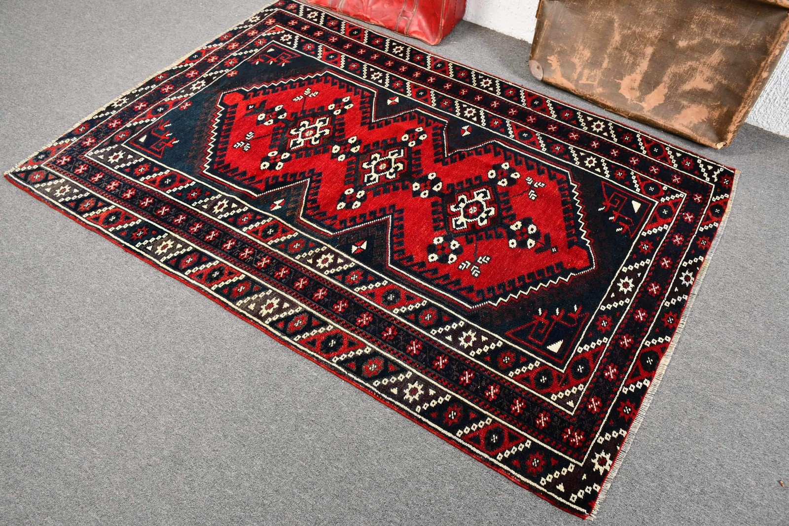 4,3×6,1 ft Rug, Turkish Vintage Area Rug, Red Wool Rug