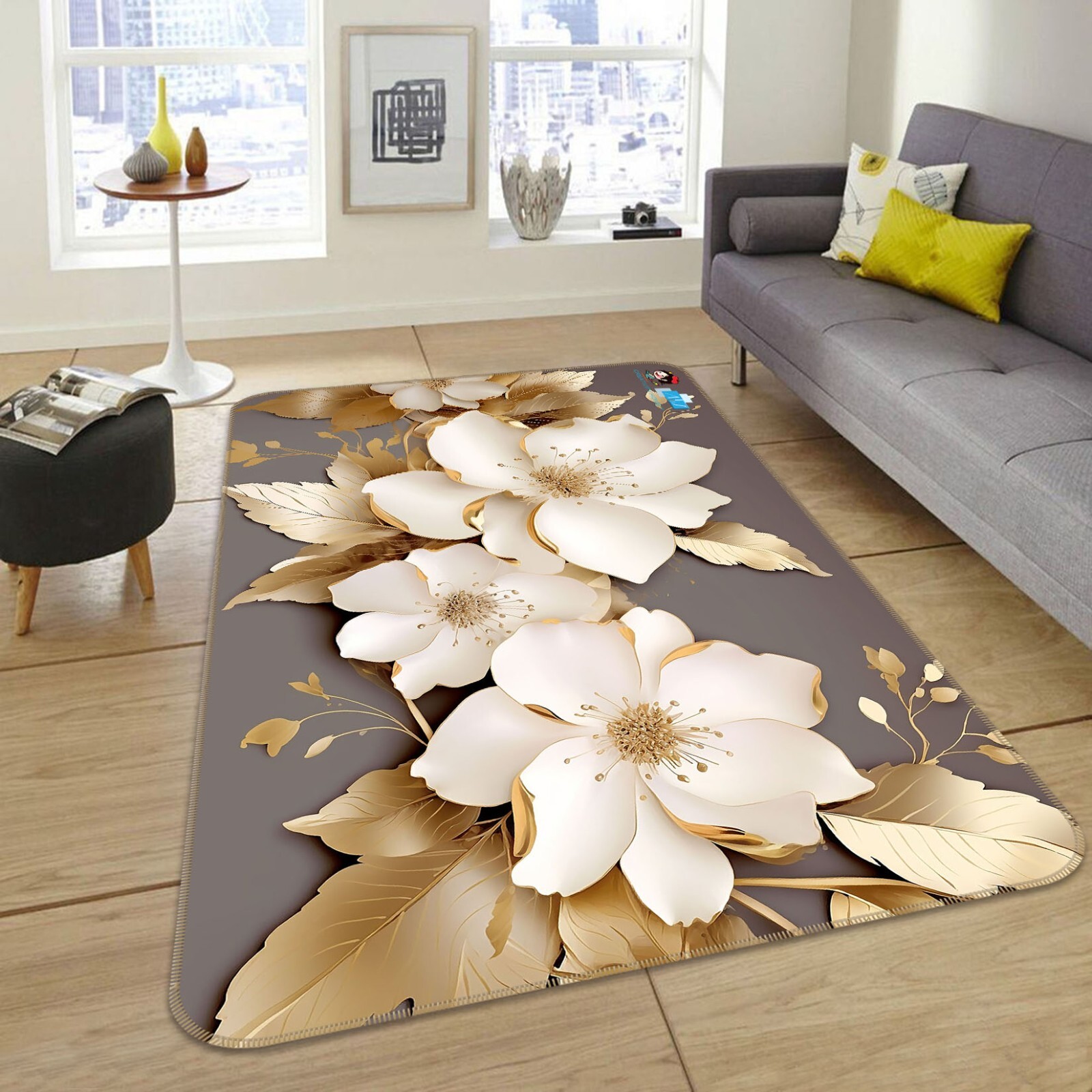 3D Gold Leaf Petals K094 Non Slip Rug Mat Elegant Photo Carpet Panda