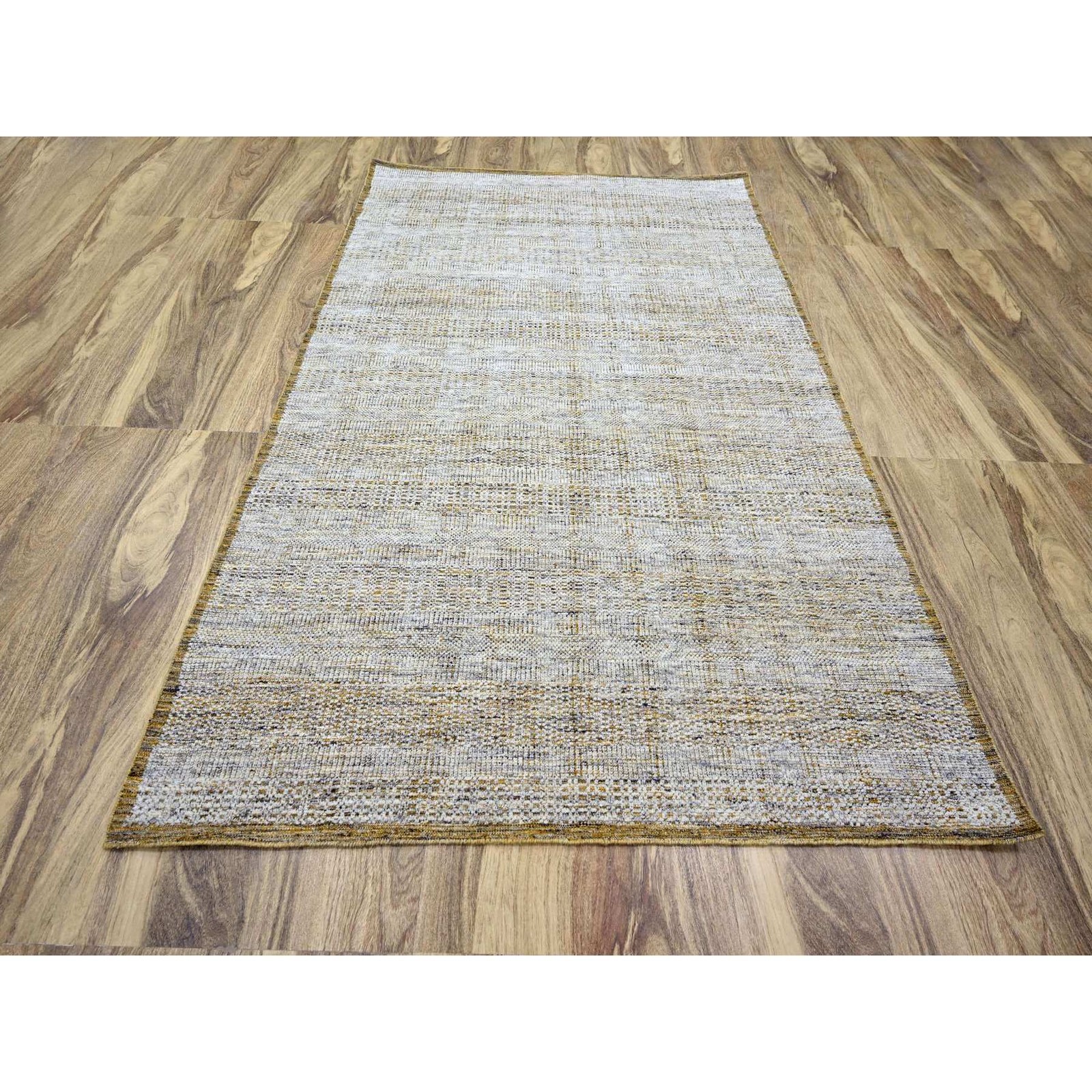 6’1″ x 9’1″ White with Yellow Hand Knotted Oxidized Grass Design Wool Rug R76244