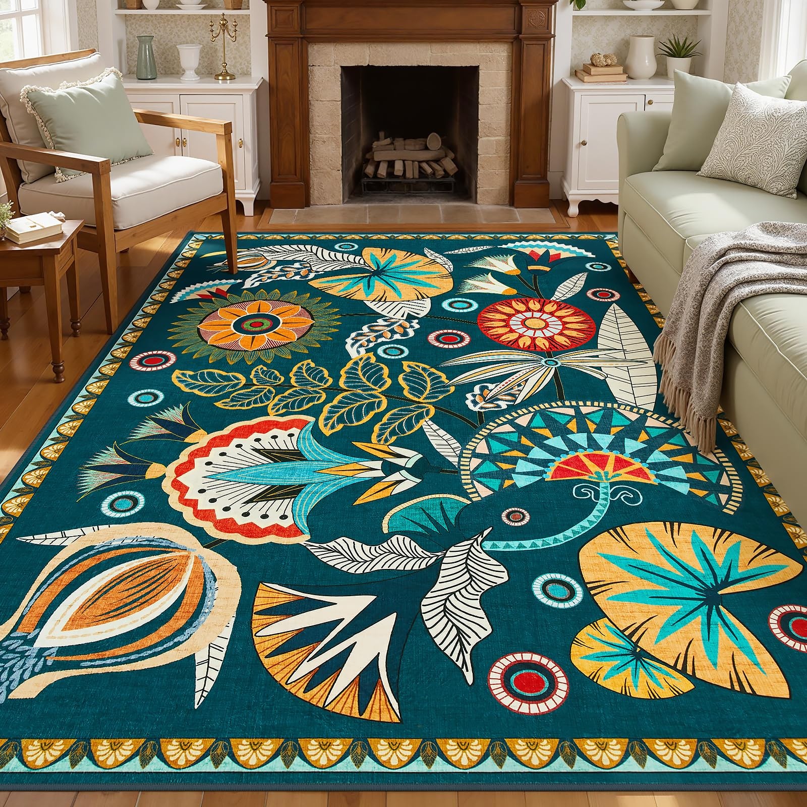 Joydeco Egypt Floral Machine Washable Living Room Area Rugs 5×7, Boho Vintage…