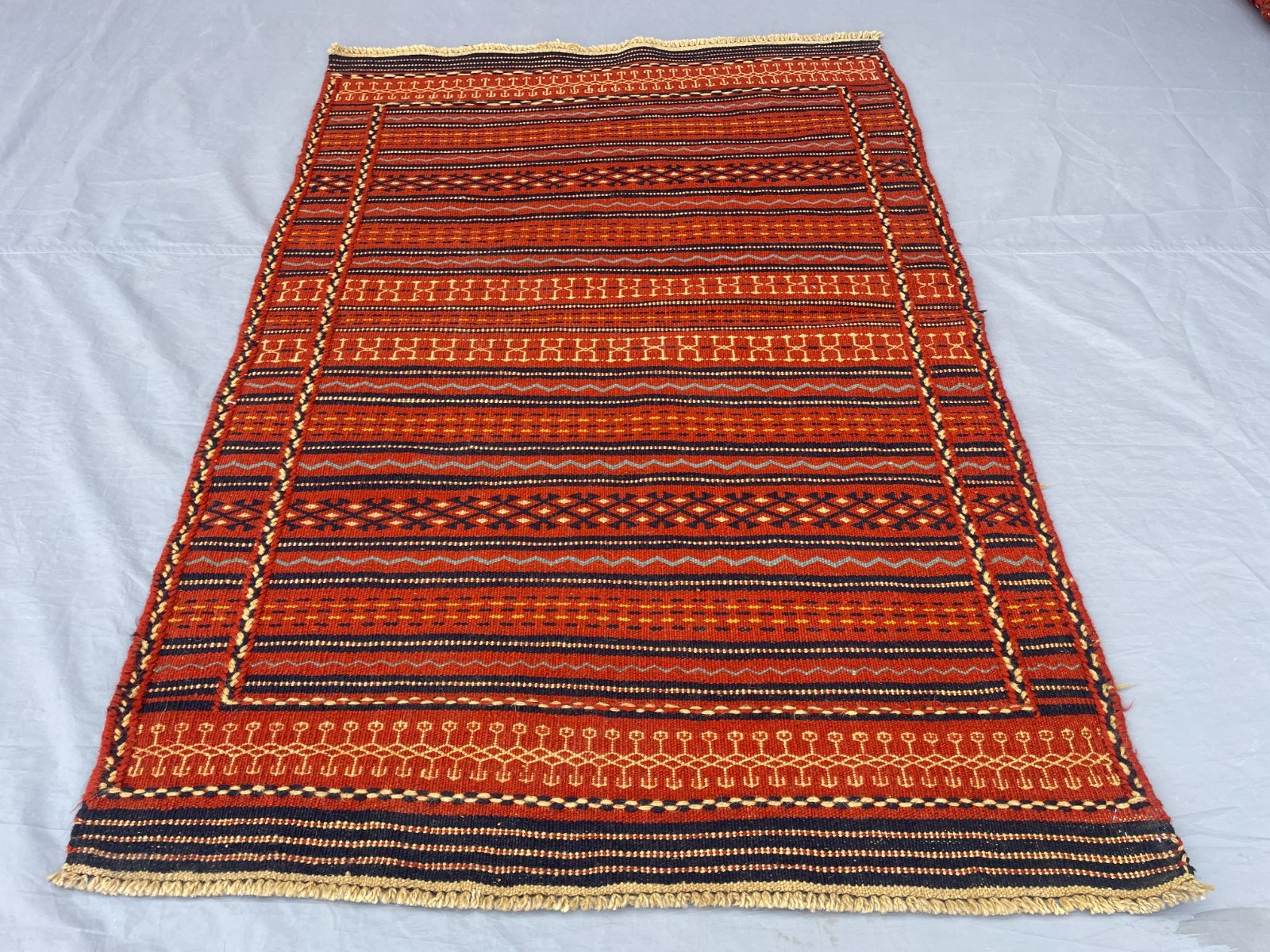3’4 x 4’1 Ft Handmade Afghan Kilim – Bold Tribal Stripes in Warm Red and Blue