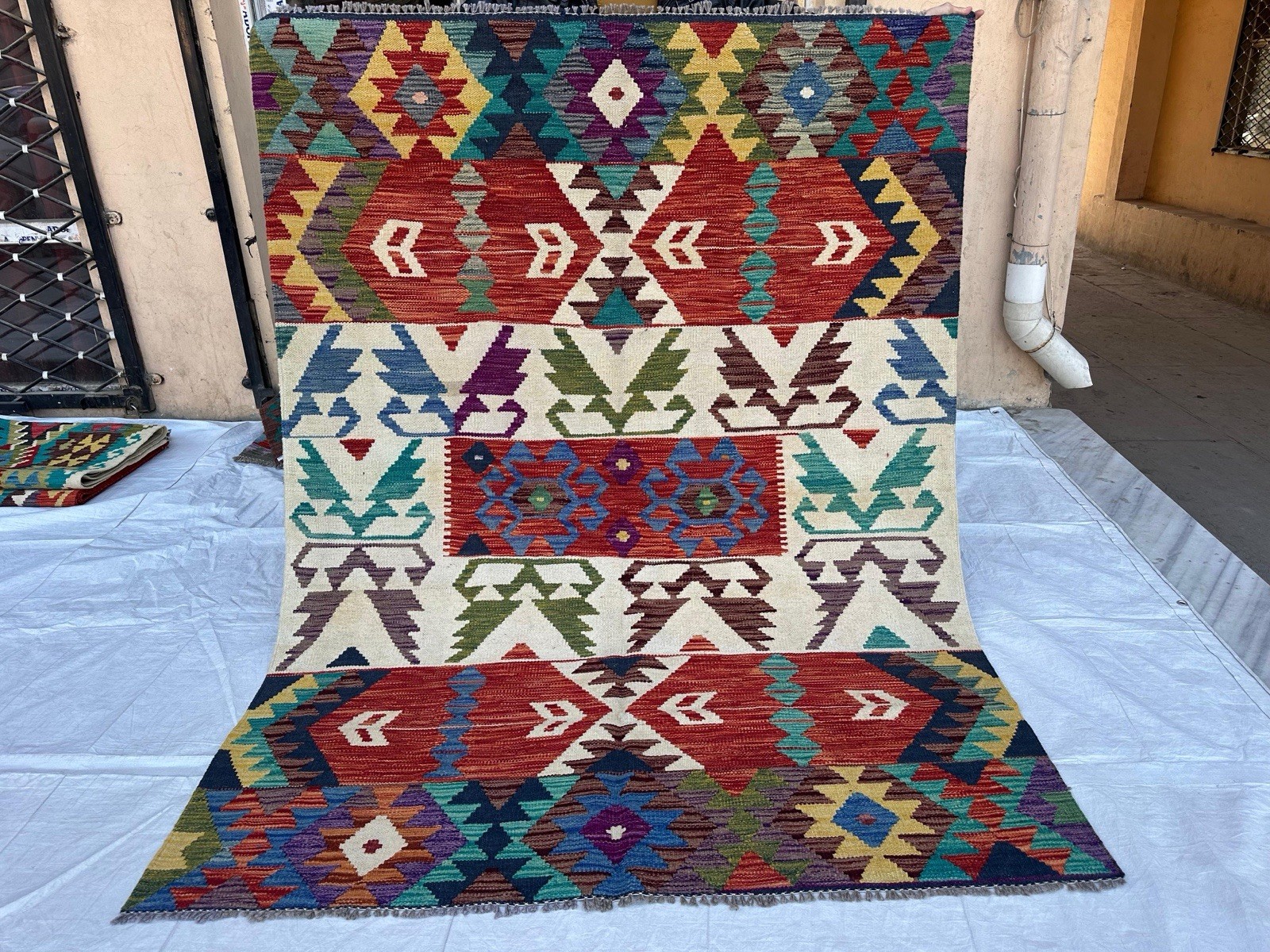 Kilim Wool Geometric Tribal Flat Weave Area Rug Rectangle 201 x 152 cm