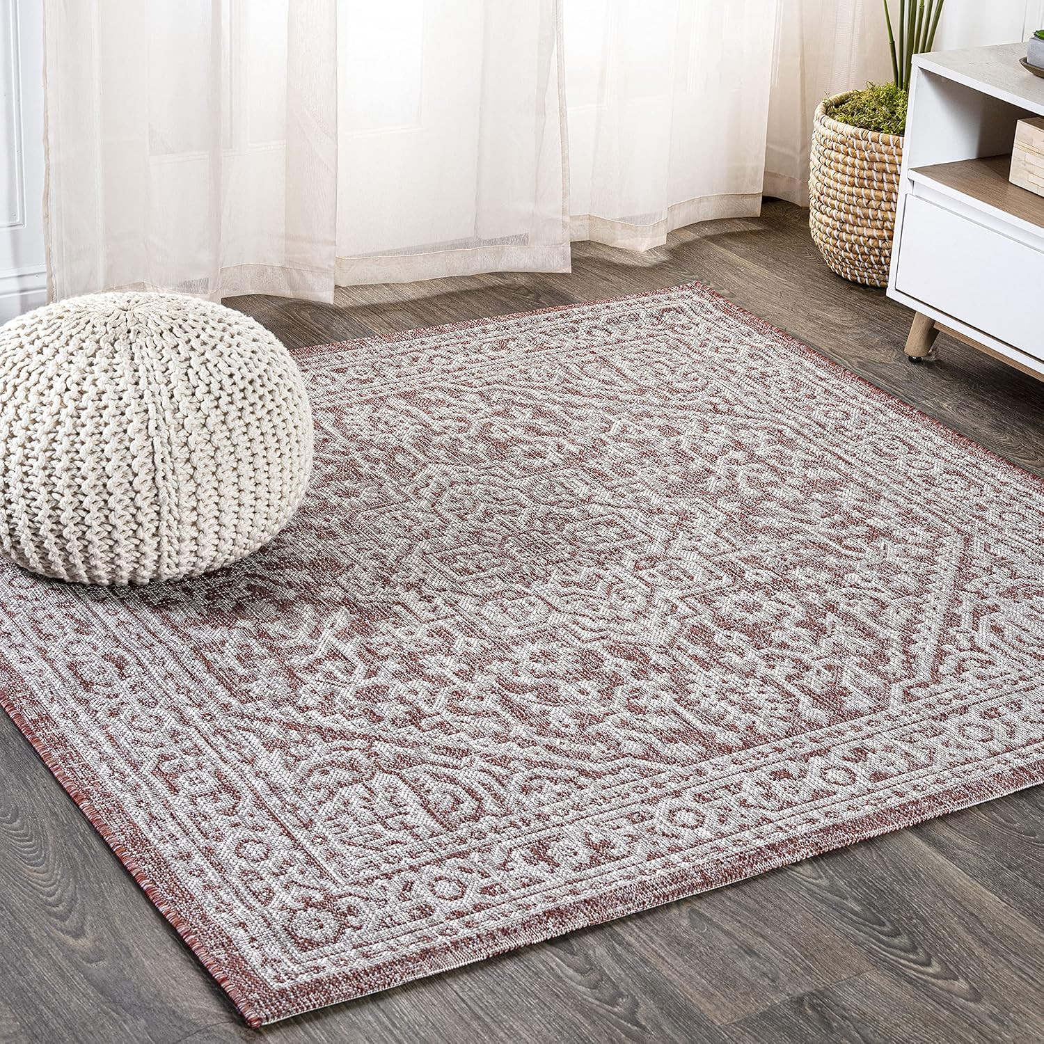 Medallion Weave 9×9 Indoor Outdoor Rug – Red/Taupe, Pet-Friendly, Easy-Clean