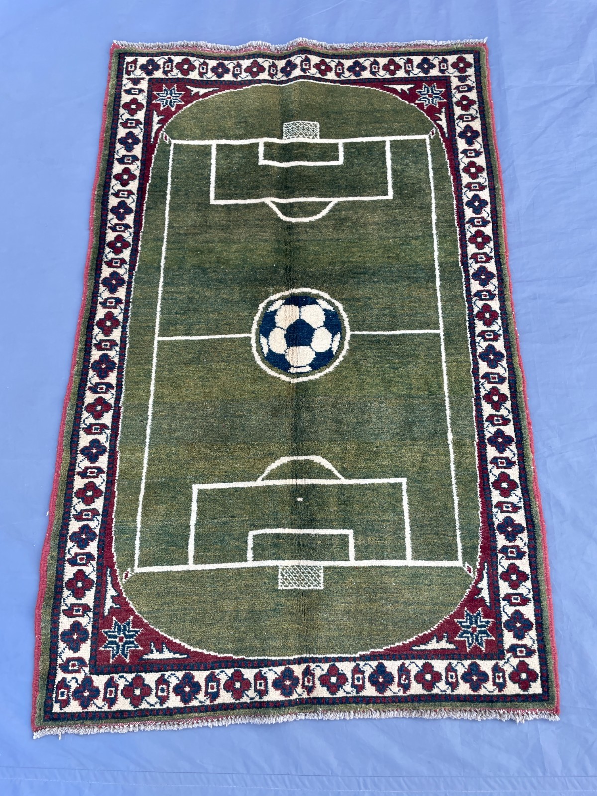 2×4 Pictorial Afghan Football Rug with Soccer Field Design and Floral Tribal