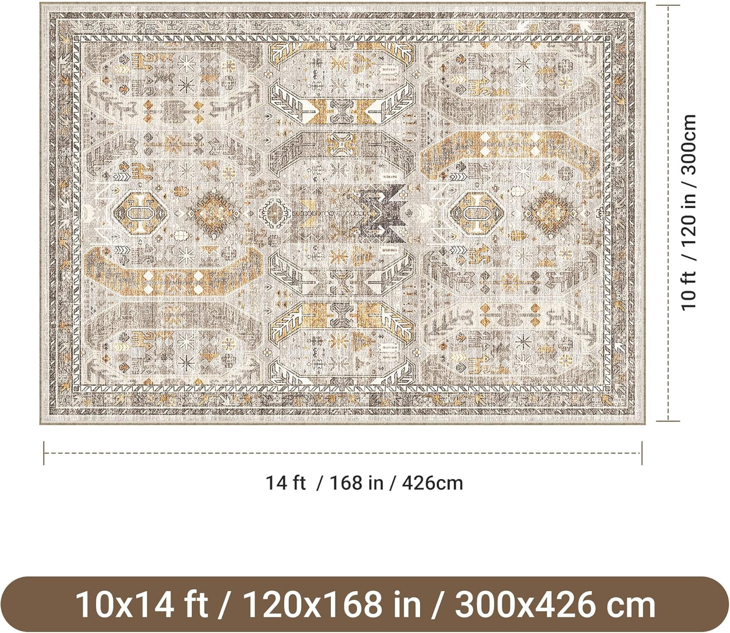 Vintage 10×14 Area Rug, Washable Non-Slip Lightweight, Stain Resistant Brown/Gol