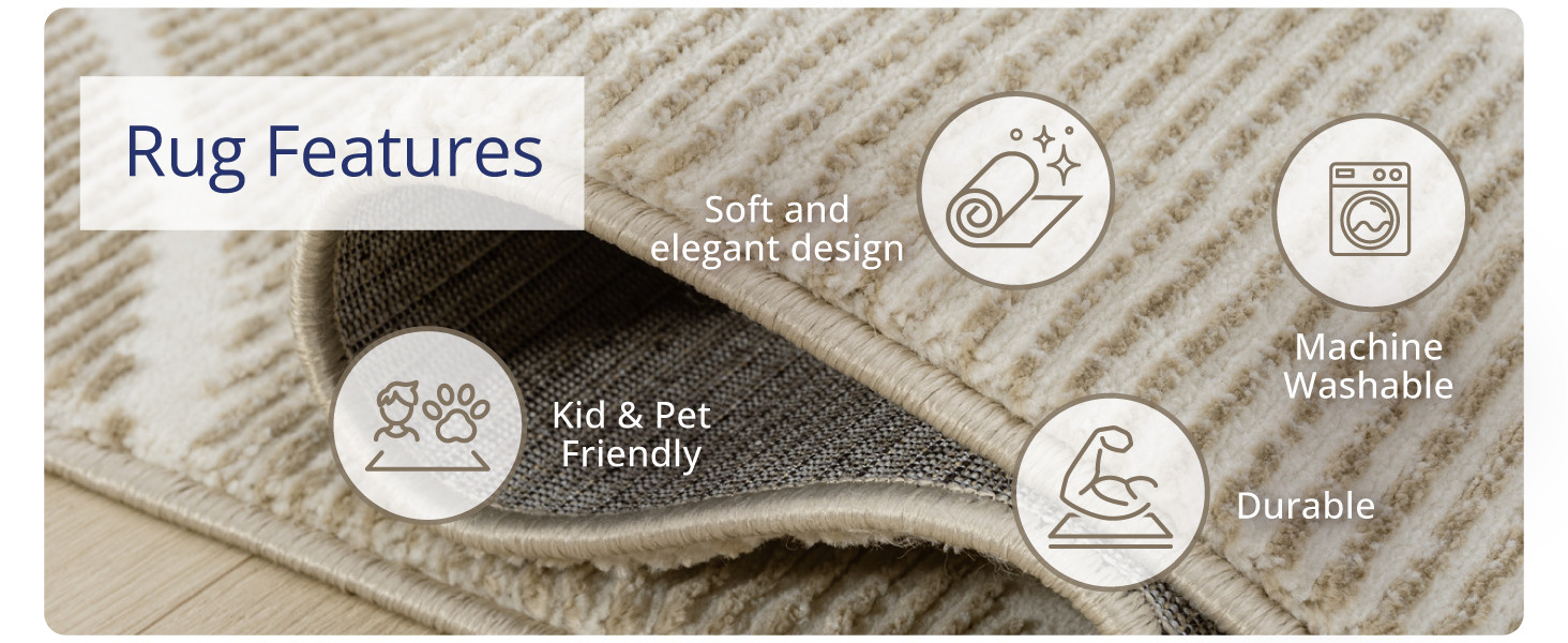 Modern Geometric Wavy Area Rug – Cream, 5′ x 8′ – Chunky, Plush and Soft