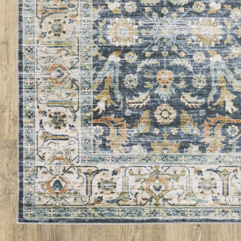 4′ X 6′ Blue Gold Rust Ivory And Olive Oriental Printed Stain Resistant Non Skid