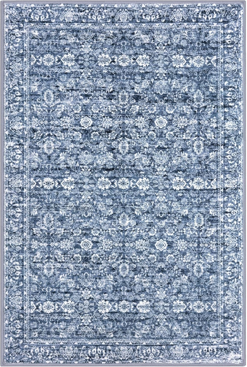 2X3 Washable Rugs for Entrance, Blue Soft Distressed Floral Area Rug, Slip-Resis