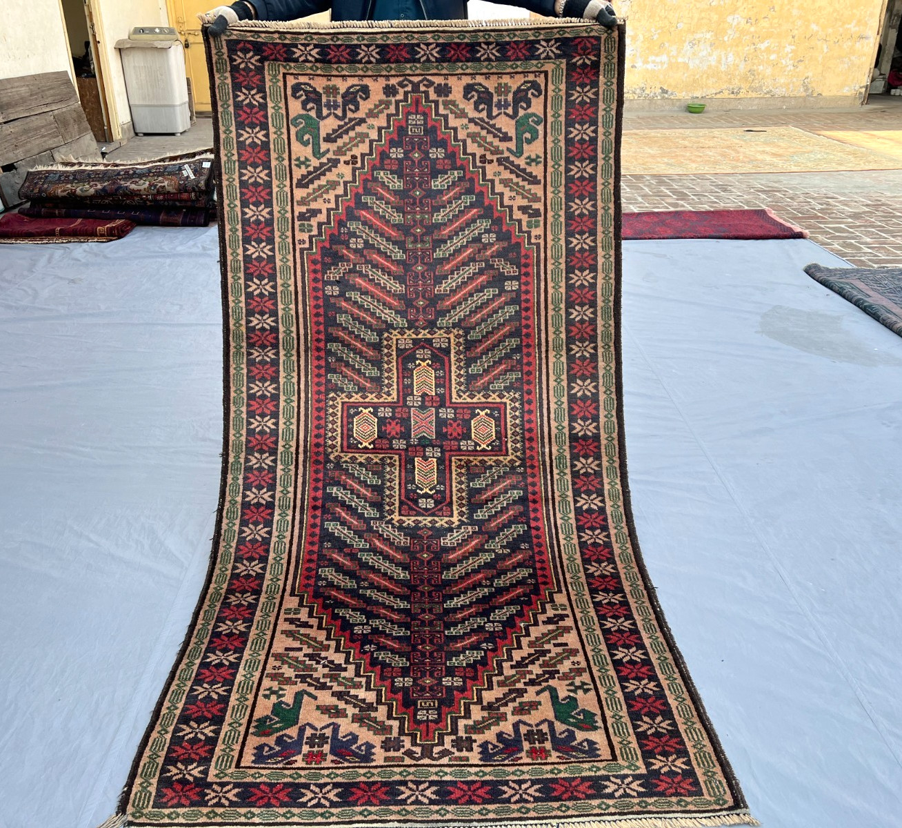 3’6 x 7 Ft Vintage Afghan Tribal Rug – Geometric Cross Medallion Carpet Handmade