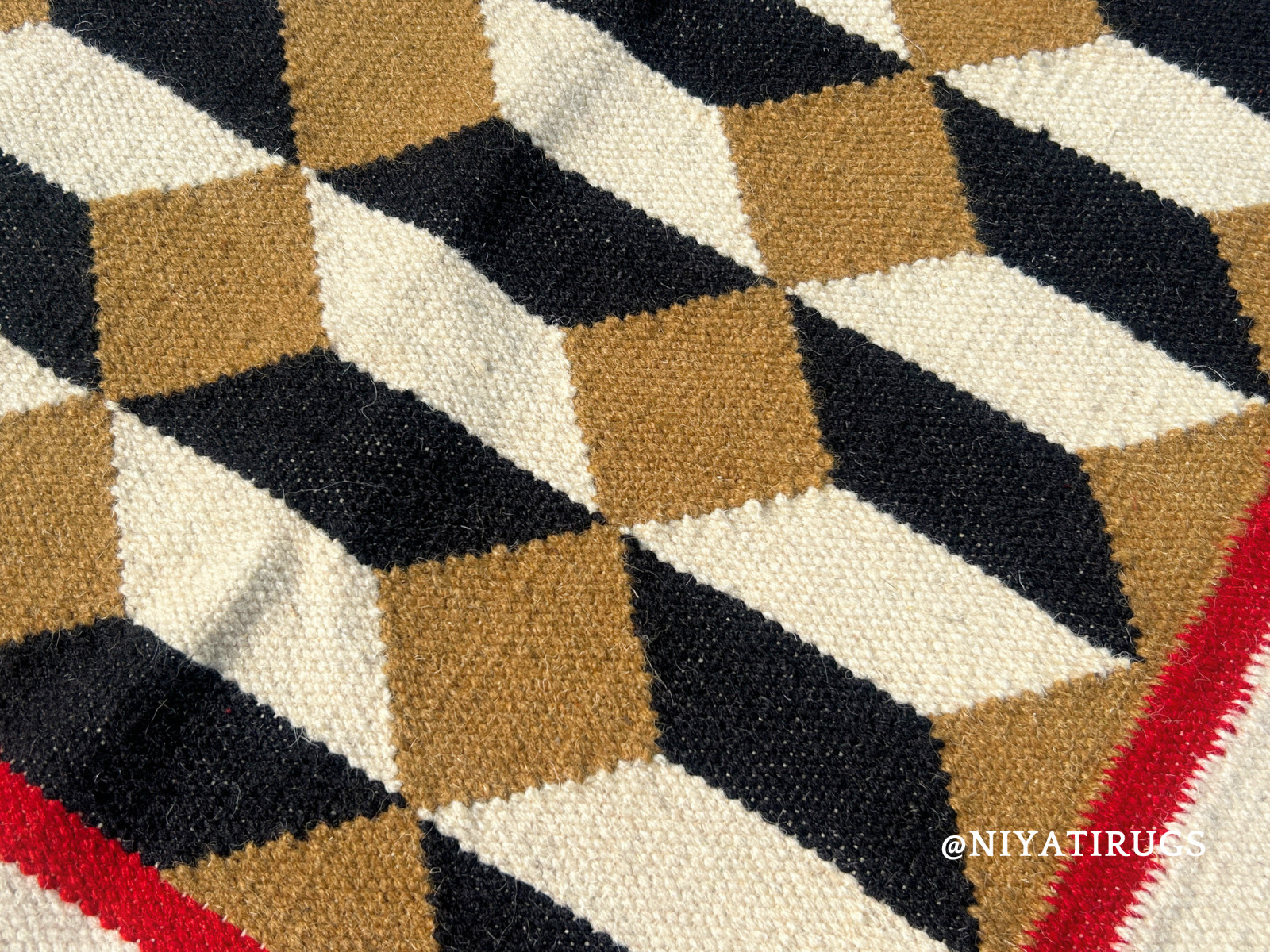 Swedish Wool Rug 100% Handwoven Geometric Ivory Beige Black Mid Century Area Rug