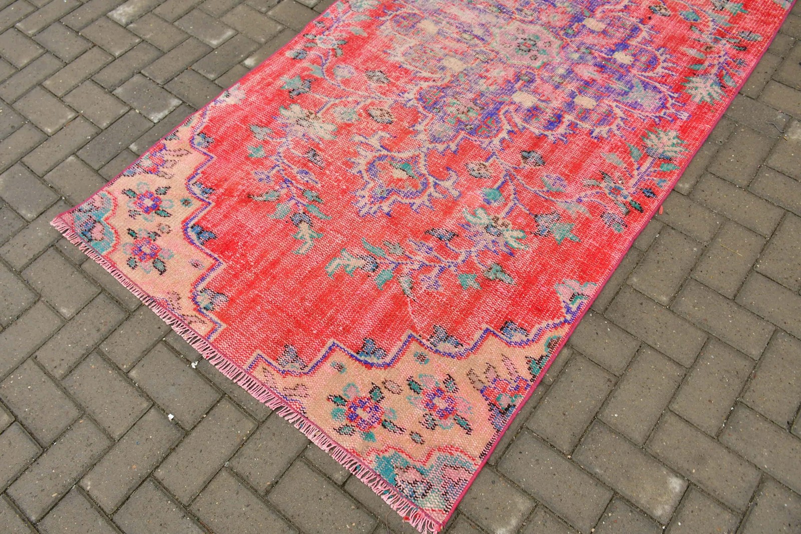 Vintage 3,7×7,8 ft Rug, Area Turkish Rug, Red Blue Ikat Wool Rug