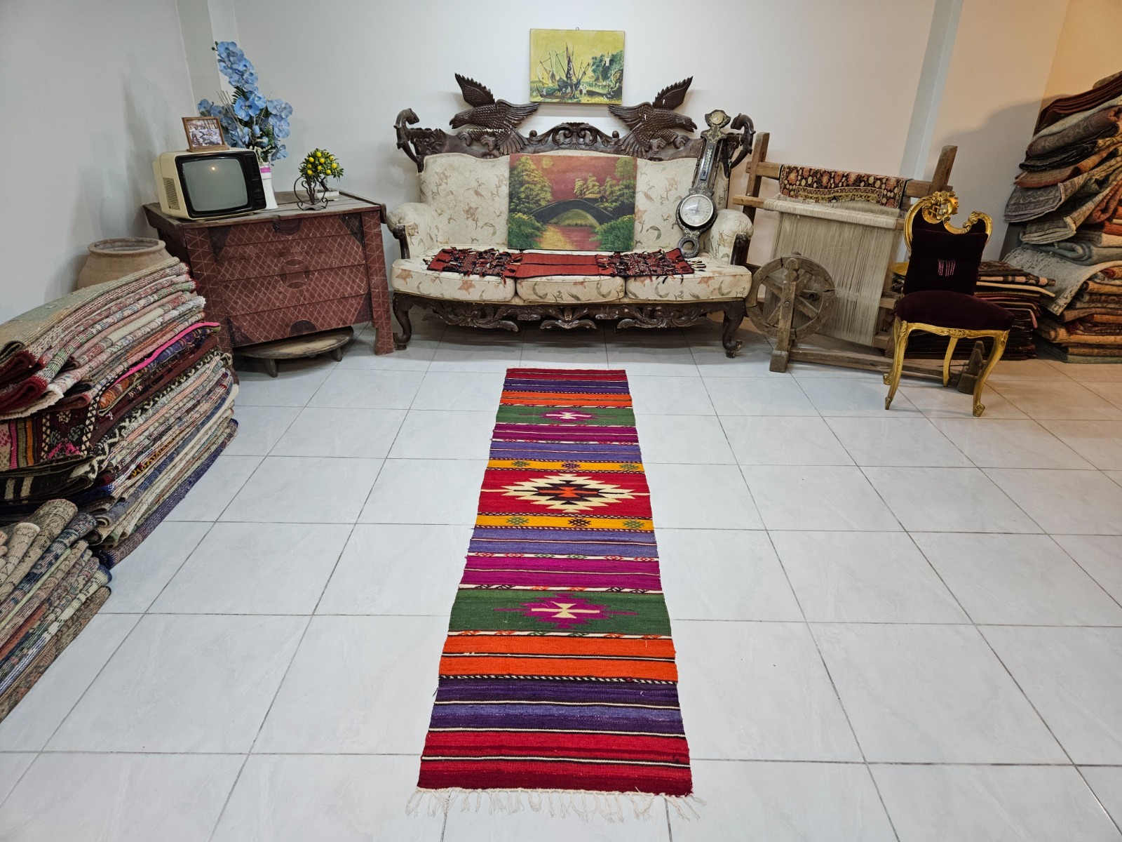 1.9 x 7.9 ft Colorful Geometric Bohemian Floor Kilim, Vintage Home Decor Rug